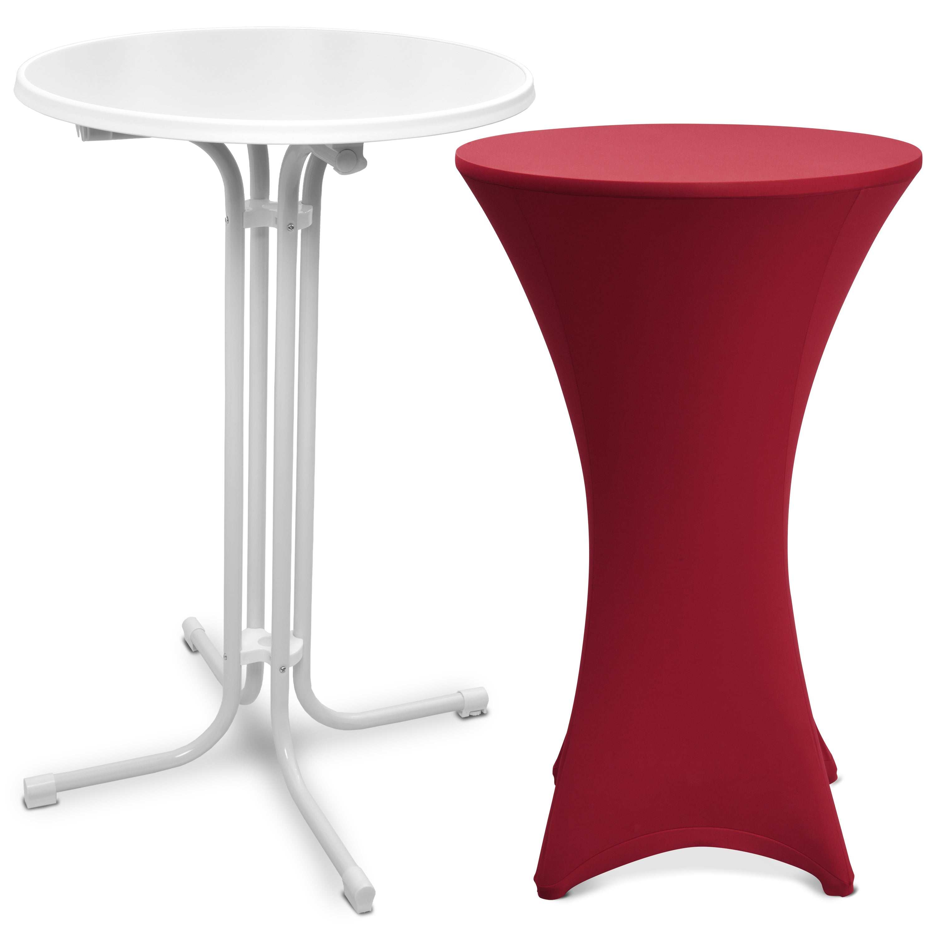 Beautissu white foldable standing table with elegant red stretch table cover for events and catering.