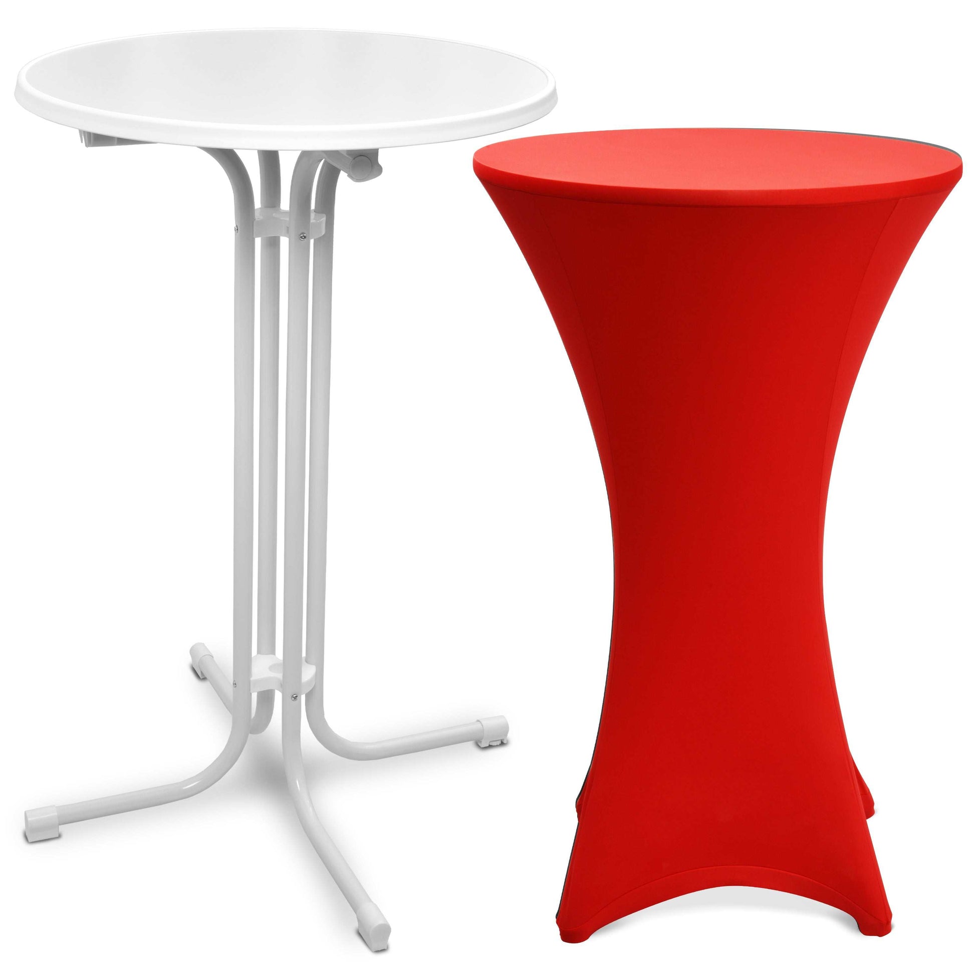 Beautissu white foldable standing table with red stretch table cover for events and catering