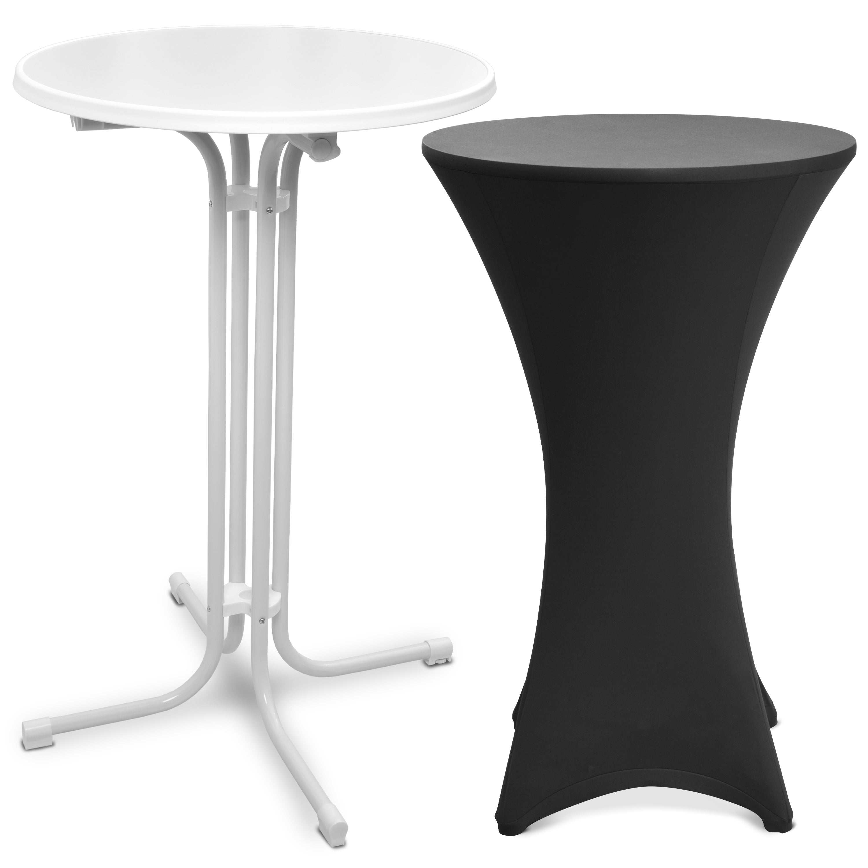 Beautissu white foldable standing table with black stretch cover for events and parties