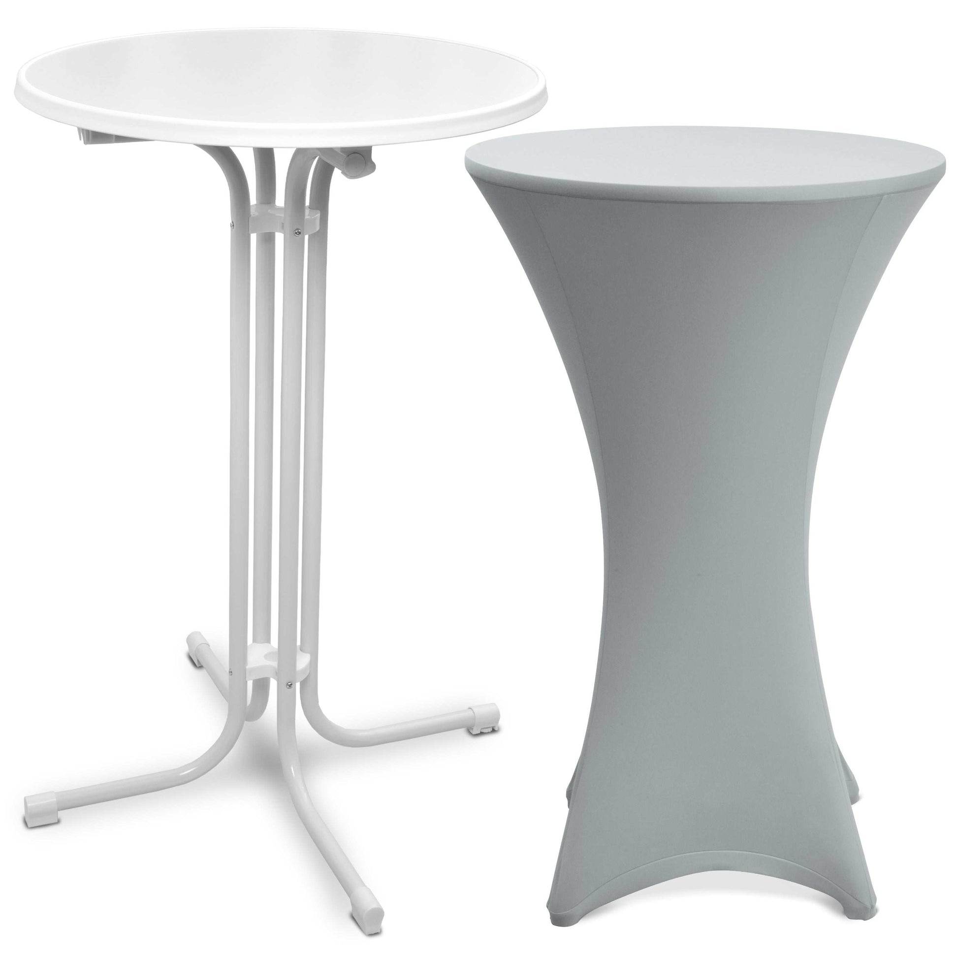 Beautissu Weißer klappbarer Stehtisch Bellini mit grauer Stretch Stehtischhusse Stella für elegante Anlässe