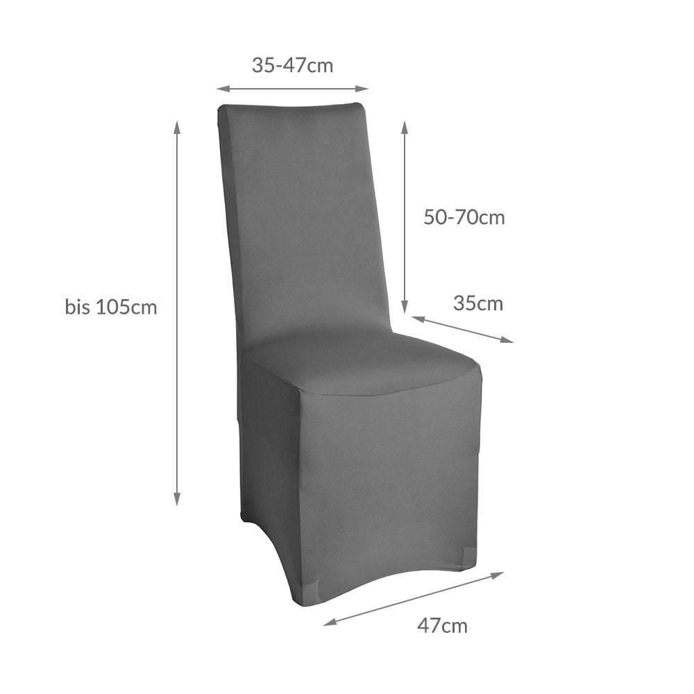 Beautissu Leona Stretch universal banquet chair cover in various colors, made of durable polyester and elastane, fits chairs with 50-70cm back height, ideal for events and everyday use.