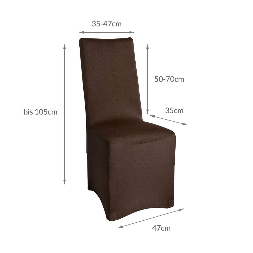 Beautissu Leona Stretch universal banquet chair cover, durable polyester with 10% elastane, fits chairs 50-70cm high, 35-47cm wide, easy care, available in various colors.