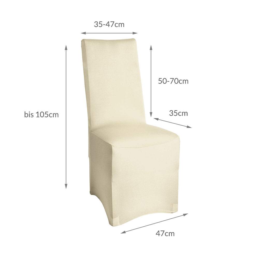 Beautissu Leona universal stretch banquet chair cover in cream, fits various chair sizes from 35-47 cm wide and 50-70 cm high, made of 90% polyester and 10% elastane.