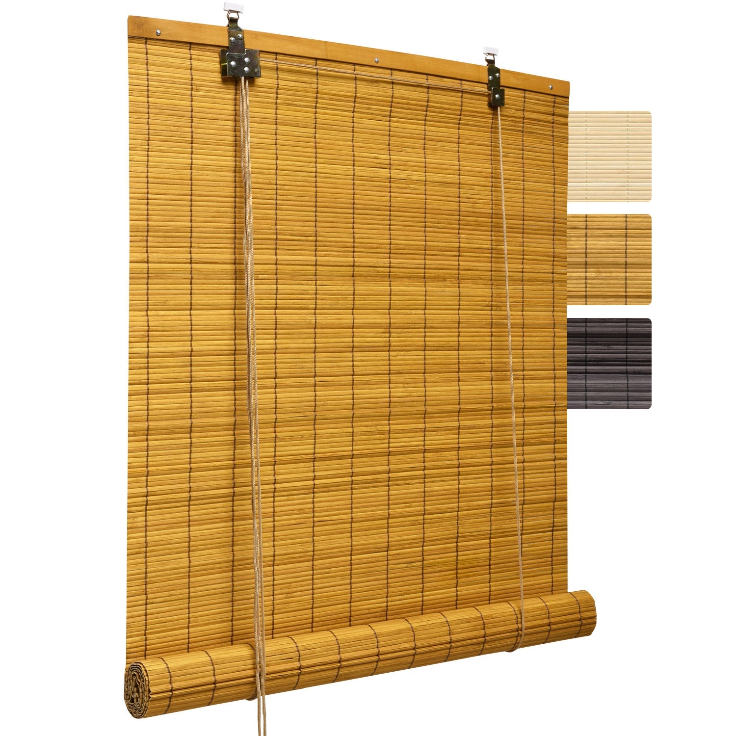 Sol Royal SolDecor B86 bamboo roller blind in various sizes and colors, showcasing easy rolling mechanism and wooden design.