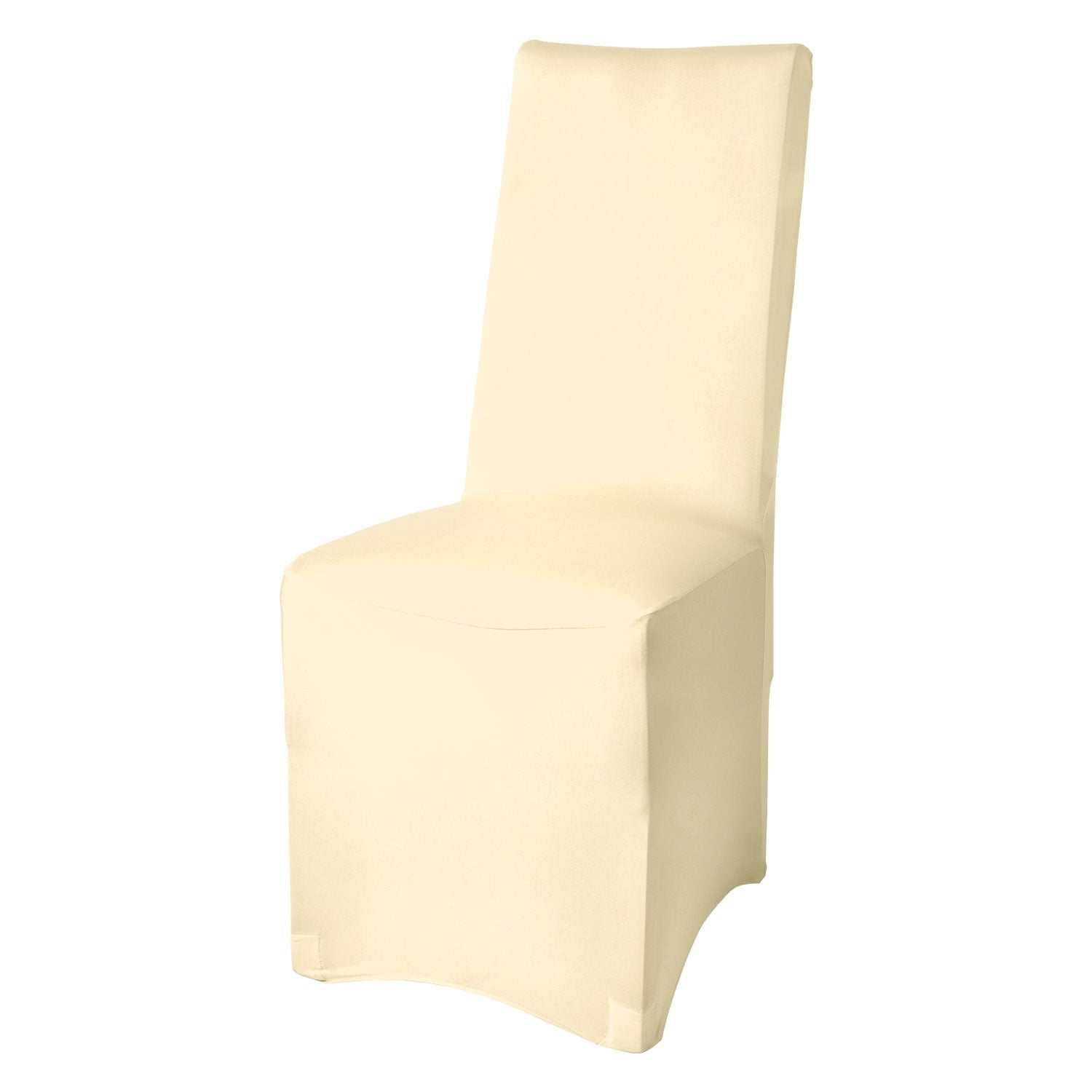 Beautissu Leona Stretch universal banquet chair cover in beige, durable polyester with elastane, elegant fit for various events.