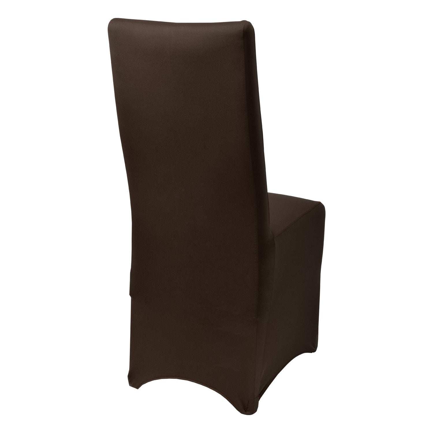 Beautissu Leona Stretch universal banquet chair cover in brown, shown on a chair.