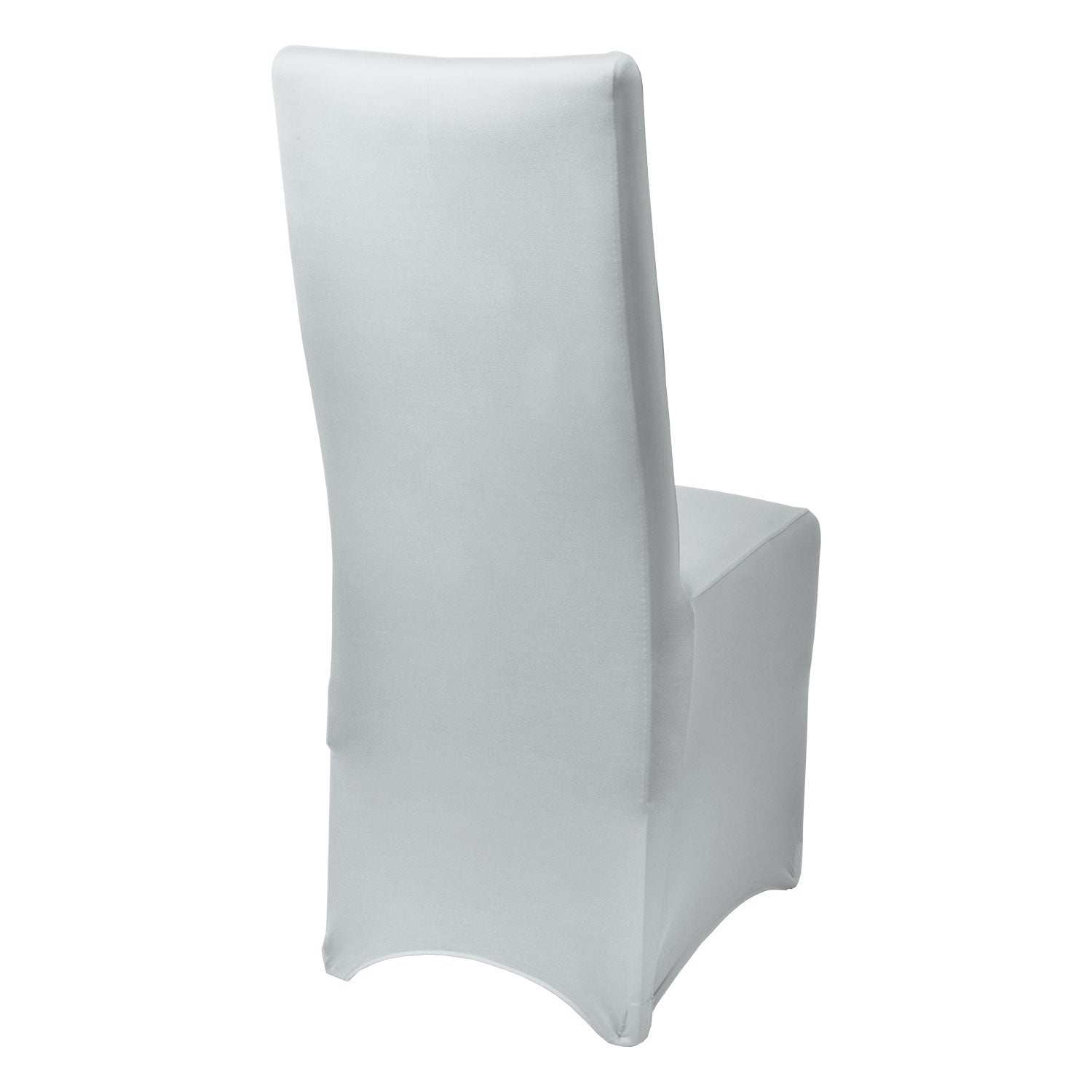 Beautissu Leona Stretch banquet chair cover in white, universal fit, durable polyester with 10% elastane, suitable for events and everyday use.
