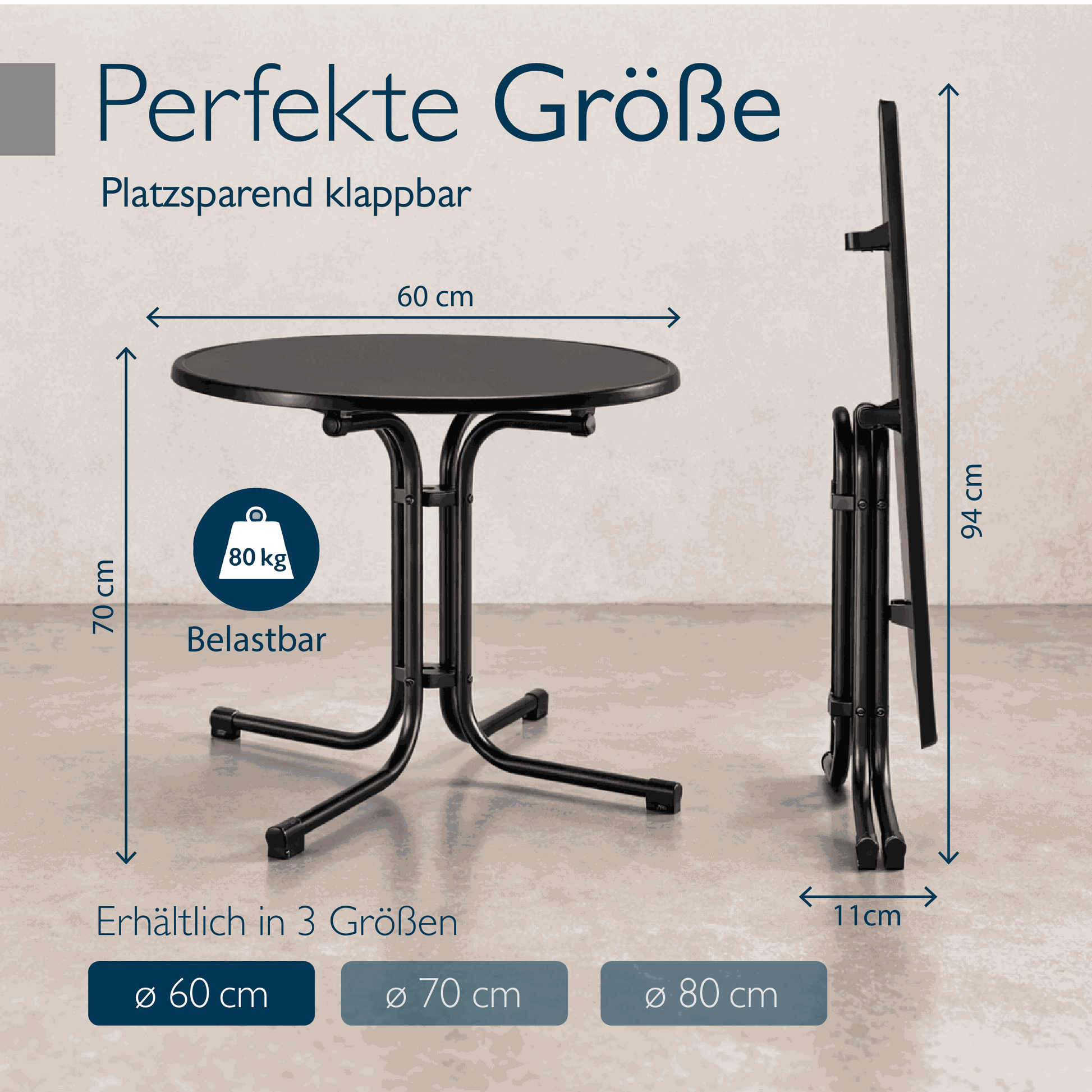 Runder Gartentisch Bistrotisch mit wasserfester Tischplatte und klappbarem Stahlgestell für Balkon und Garten