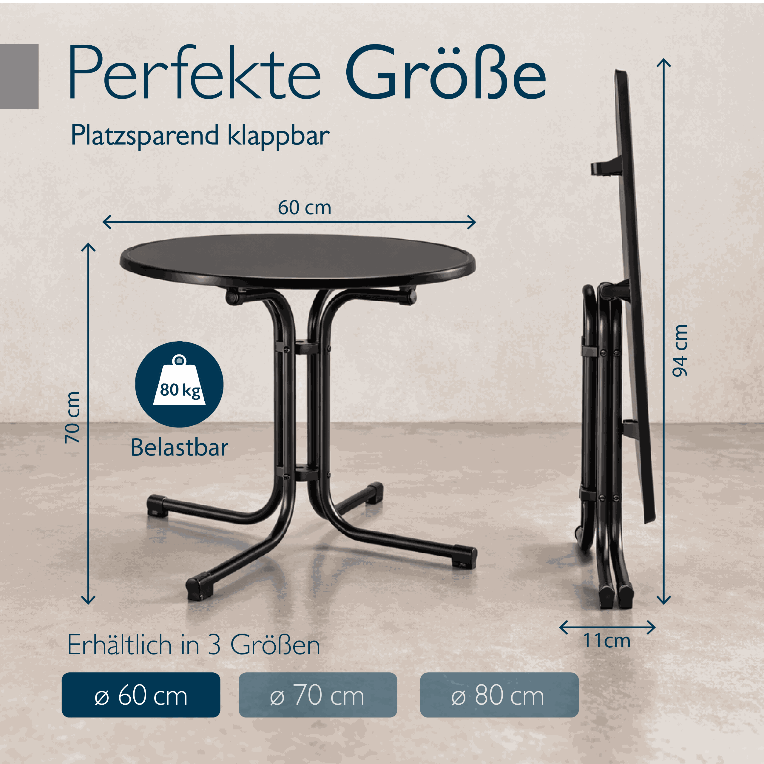 Runder Gartentisch Bistrotisch mit wasserfester Tischplatte und klappbarem Stahlgestell für Balkon und Garten