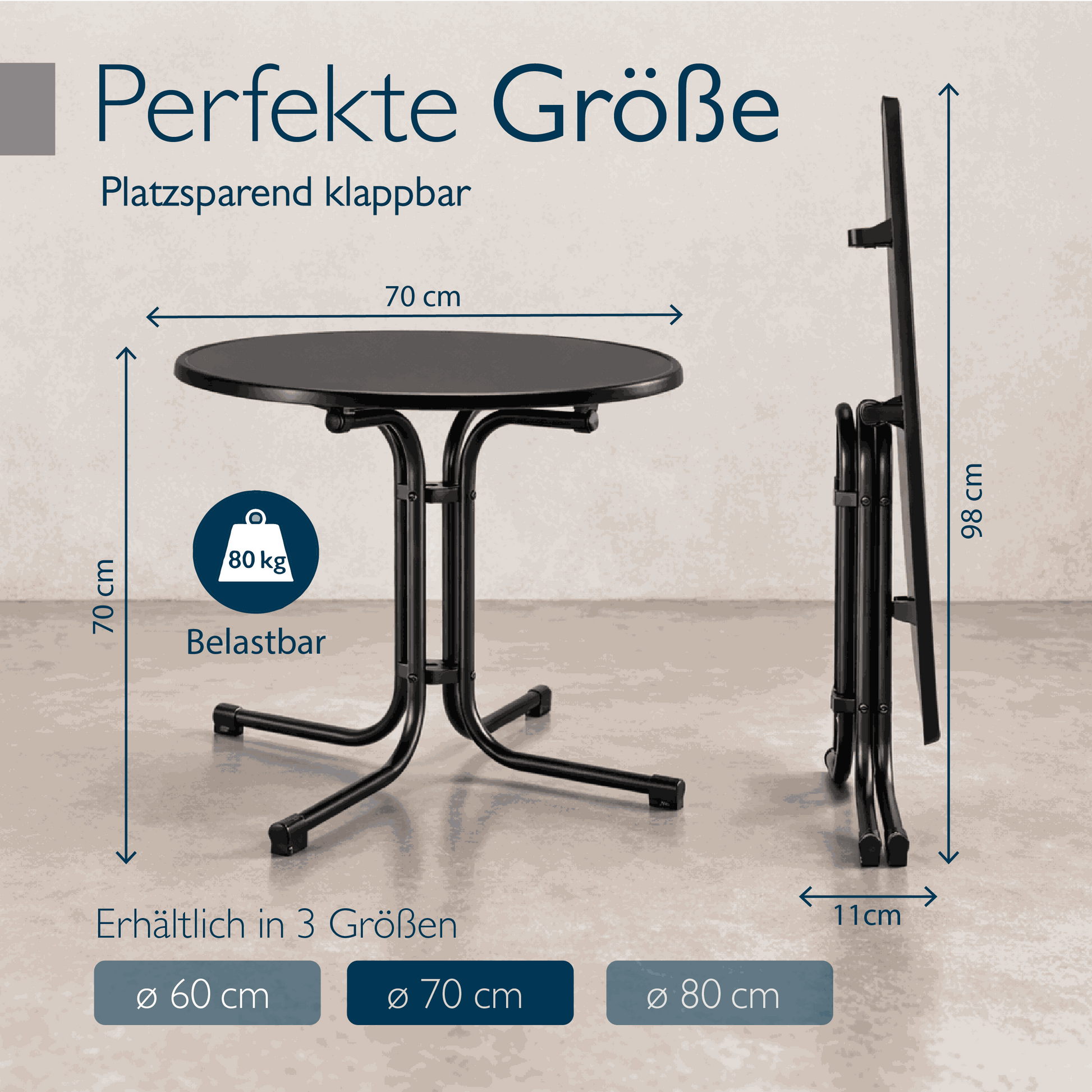 Runder Gartentisch Bistrotisch mit wasserfester, kratzfester Tischplatte und klappbarem Stahlgestell für Balkon und Garten