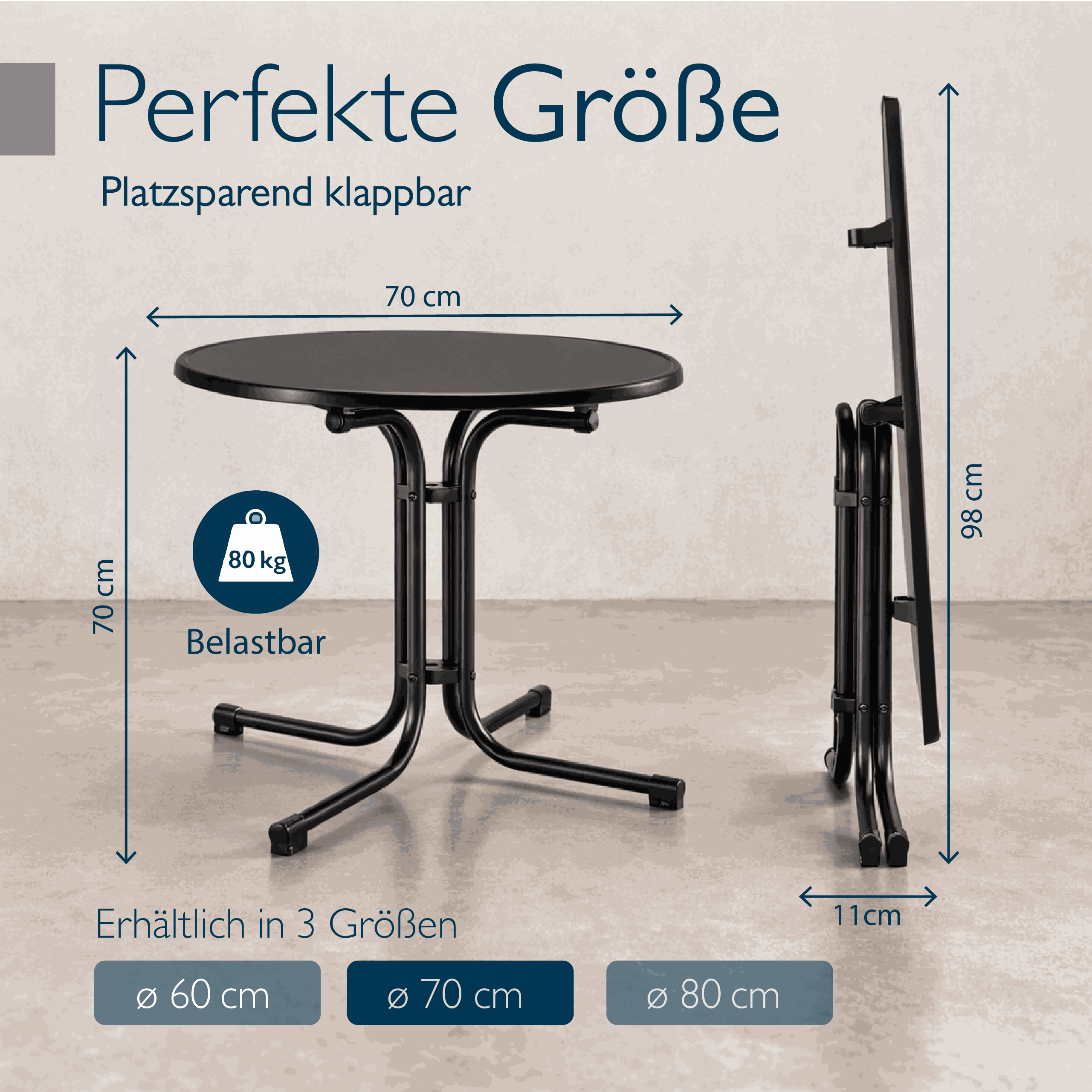 Runder Gartentisch Bistrotisch mit wasserfester, kratzfester Tischplatte und klappbarem Stahlgestell für Balkon und Garten