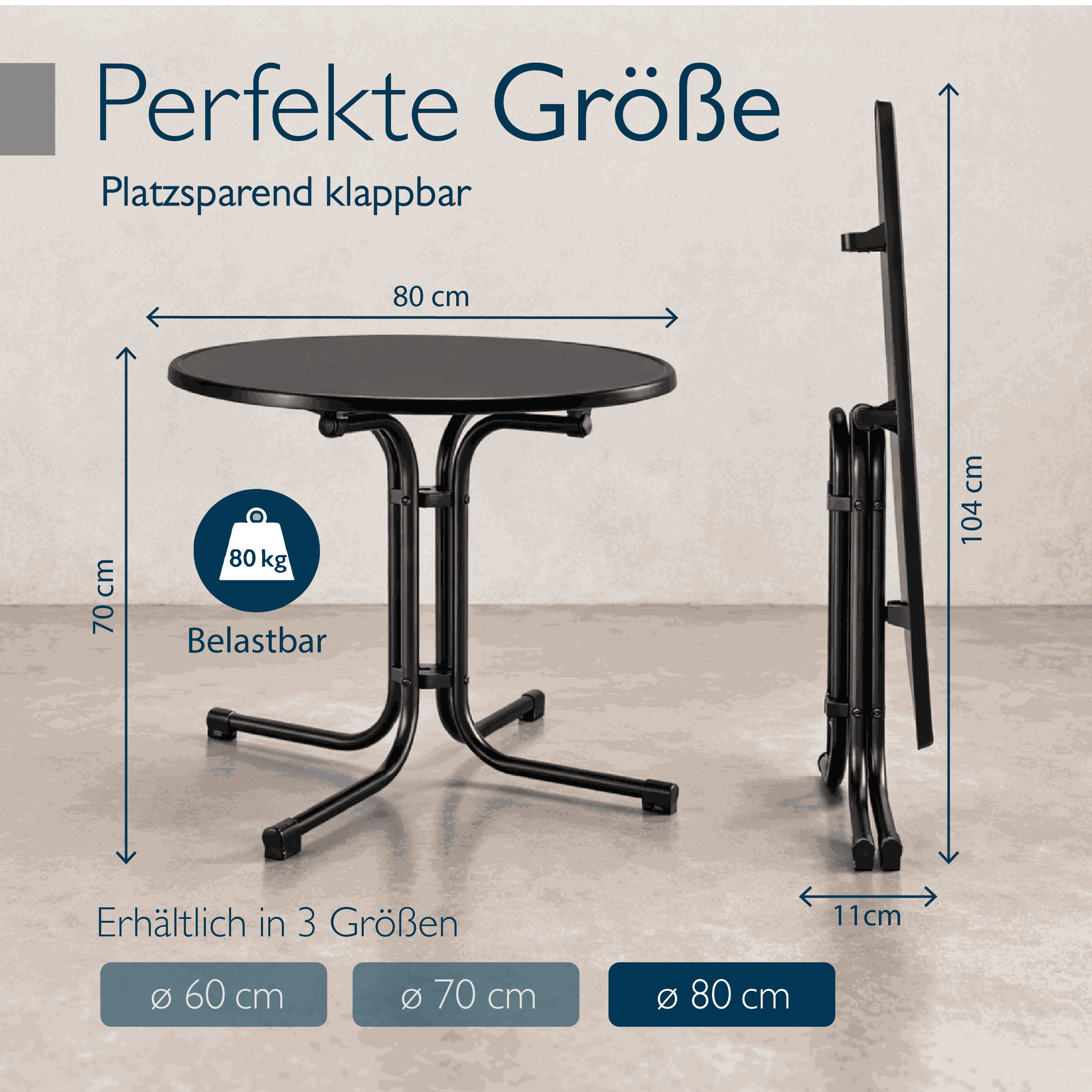 Runder Gartentisch Bistrotisch Bistroni mit wasserfester, klappbarer Tischplatte und stabilem Stahlgestell für Balkon und Garten