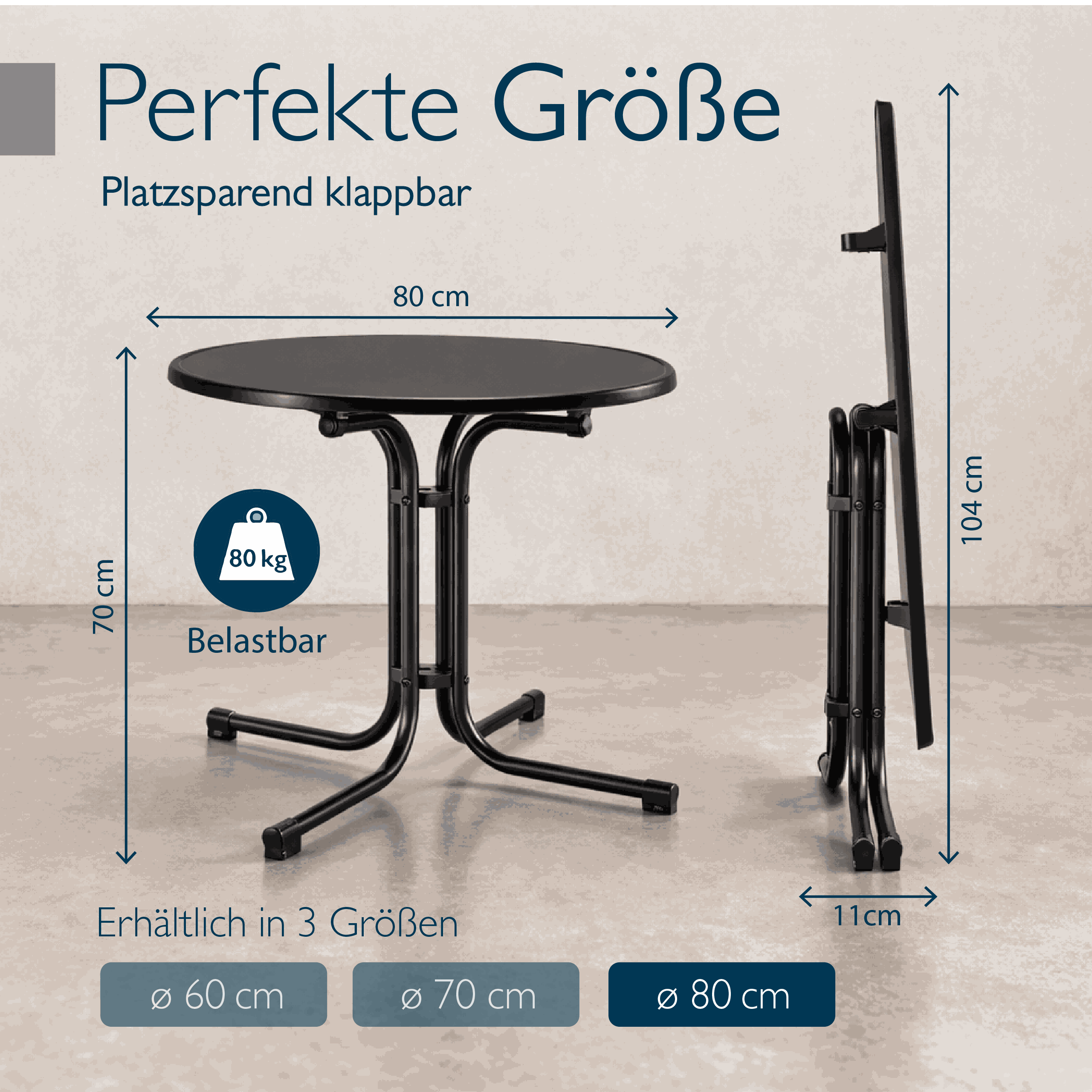 Runder Gartentisch Bistrotisch Bistroni mit wasserfester, klappbarer Tischplatte und stabilem Stahlgestell für Balkon und Garten