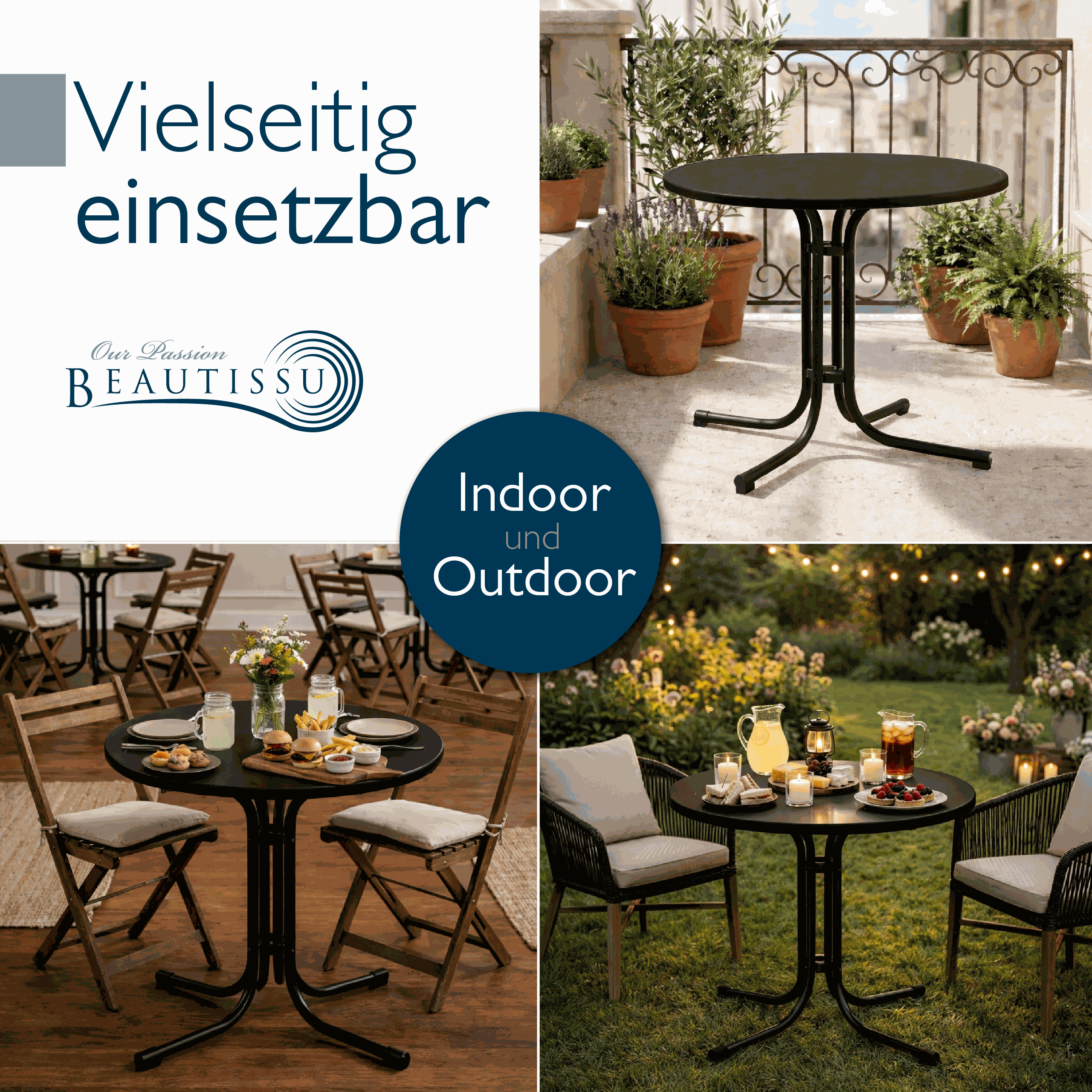 Runder Gartentisch Bistrotisch mit wasserfester, UV-beständiger Tischplatte und klappbarem Stahlgestell für Balkon und Garten