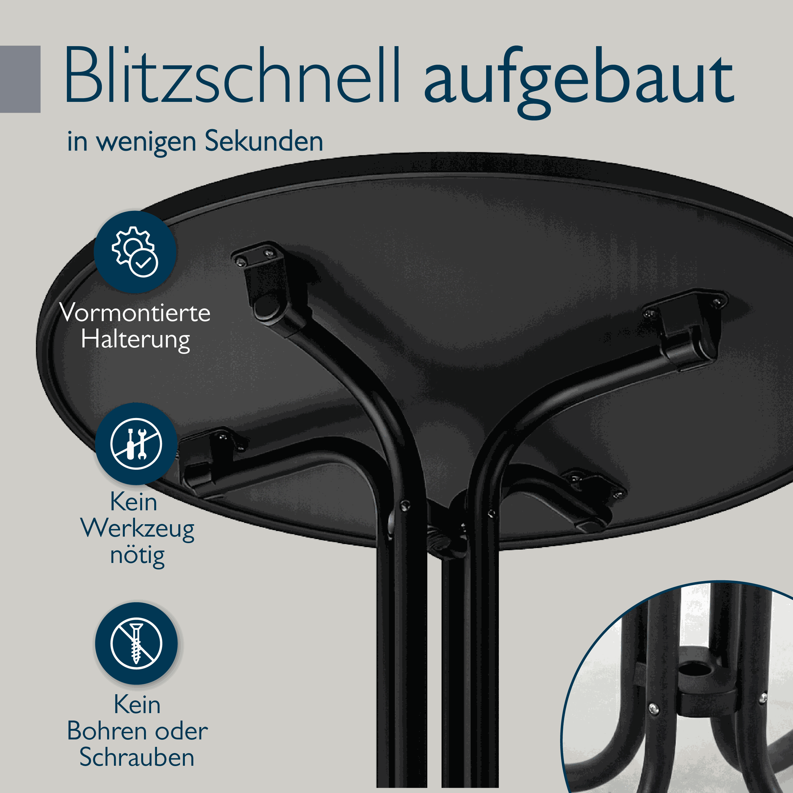 Runder Gartentisch Bistrotisch mit wasserfester, klappbarer Tischplatte und stabilem pulverbeschichtetem Stahlgestell für Balkon und Garten