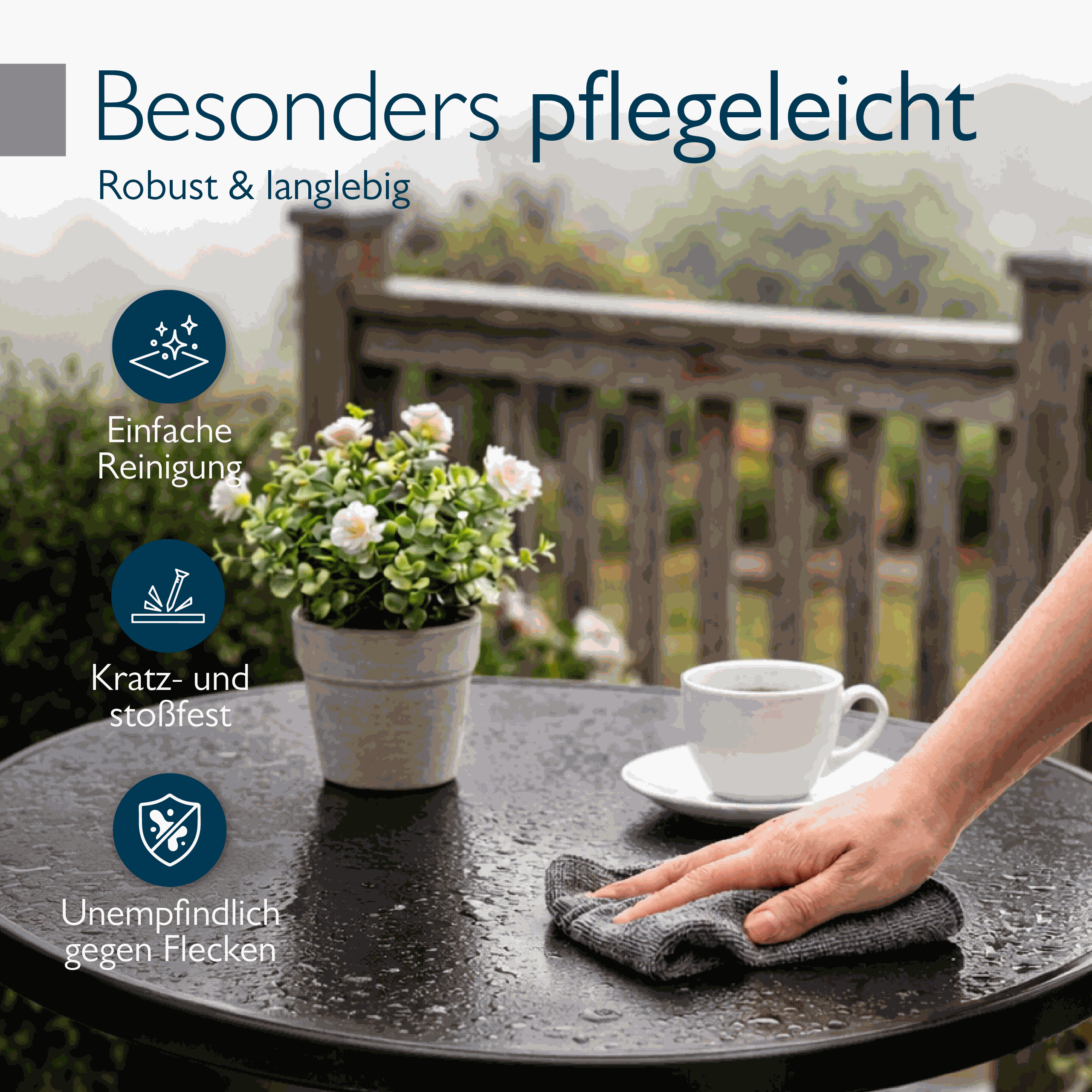 Runder Gartentisch Bistrotisch mit wasserfester, kratzfester Tischplatte und klappbarem Stahlgestell für Balkon und Garten