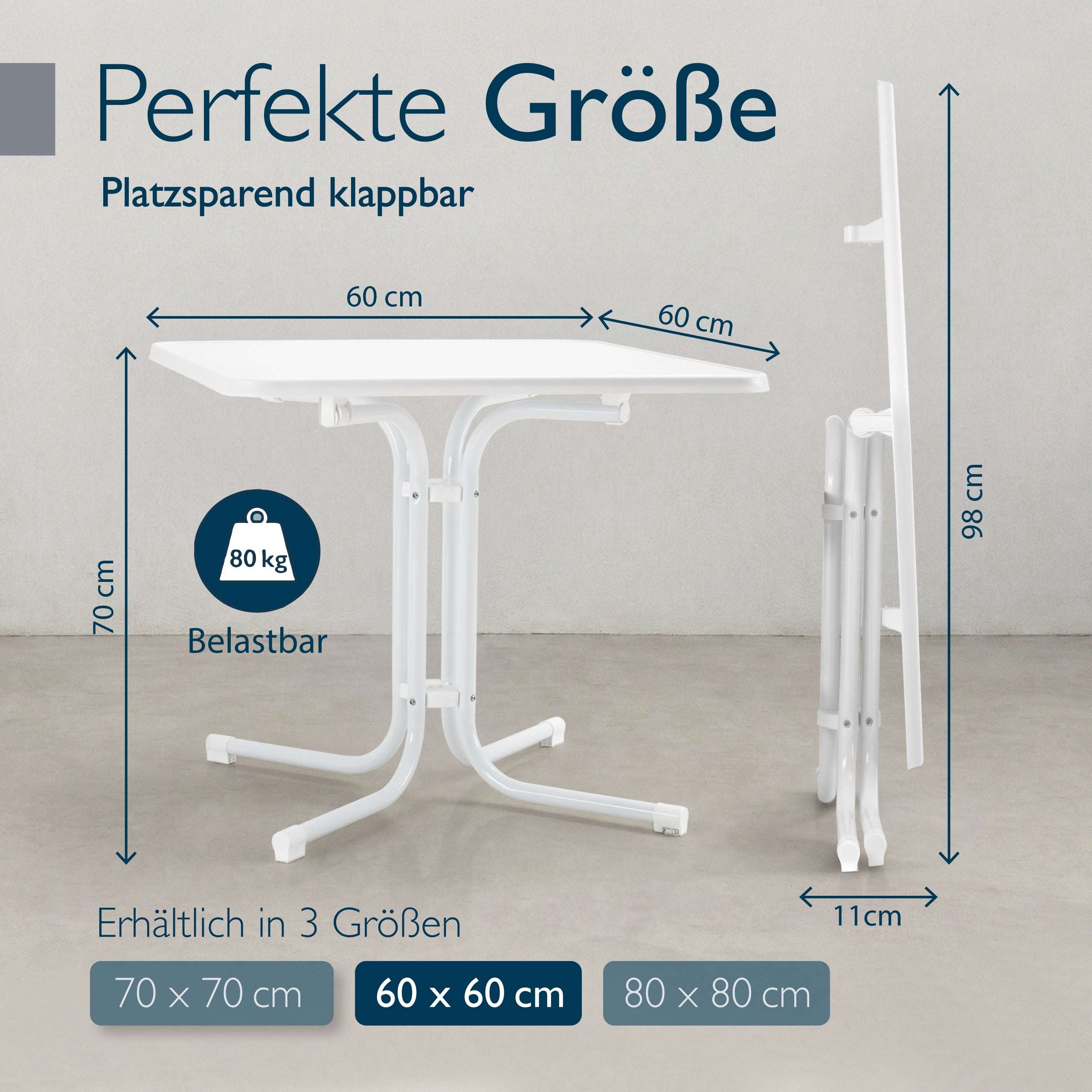 Gartentisch Bistrotisch klappbar mit wasserfester weißer Tischplatte und pulverbeschichtetem Stahlgestell für Balkon und Garten