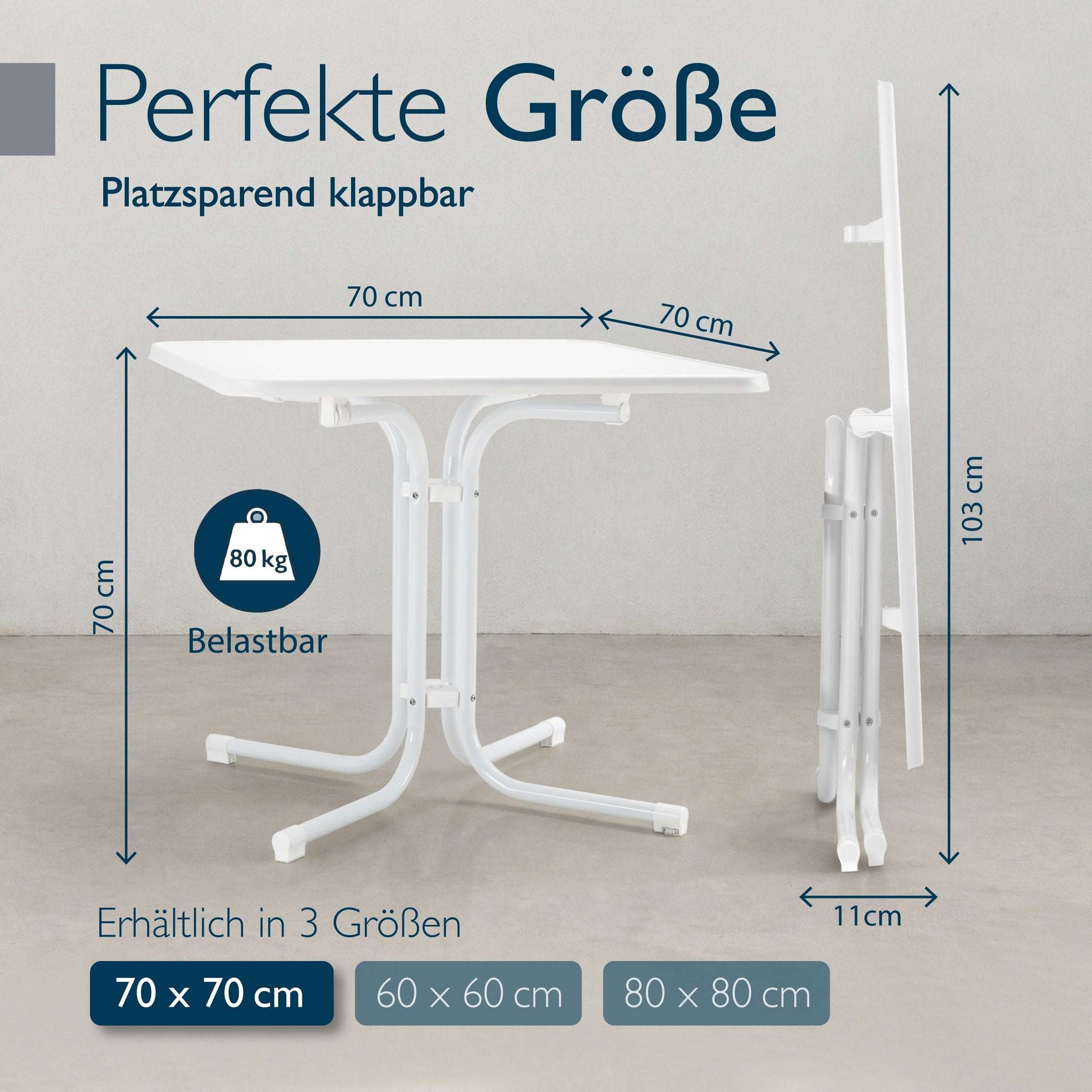 Weißer klappbarer Gartentisch Bistrotisch mit wasserfester, kratzfester Tischplatte und rostbeständigem Stahlrahmen für Balkon und Garten