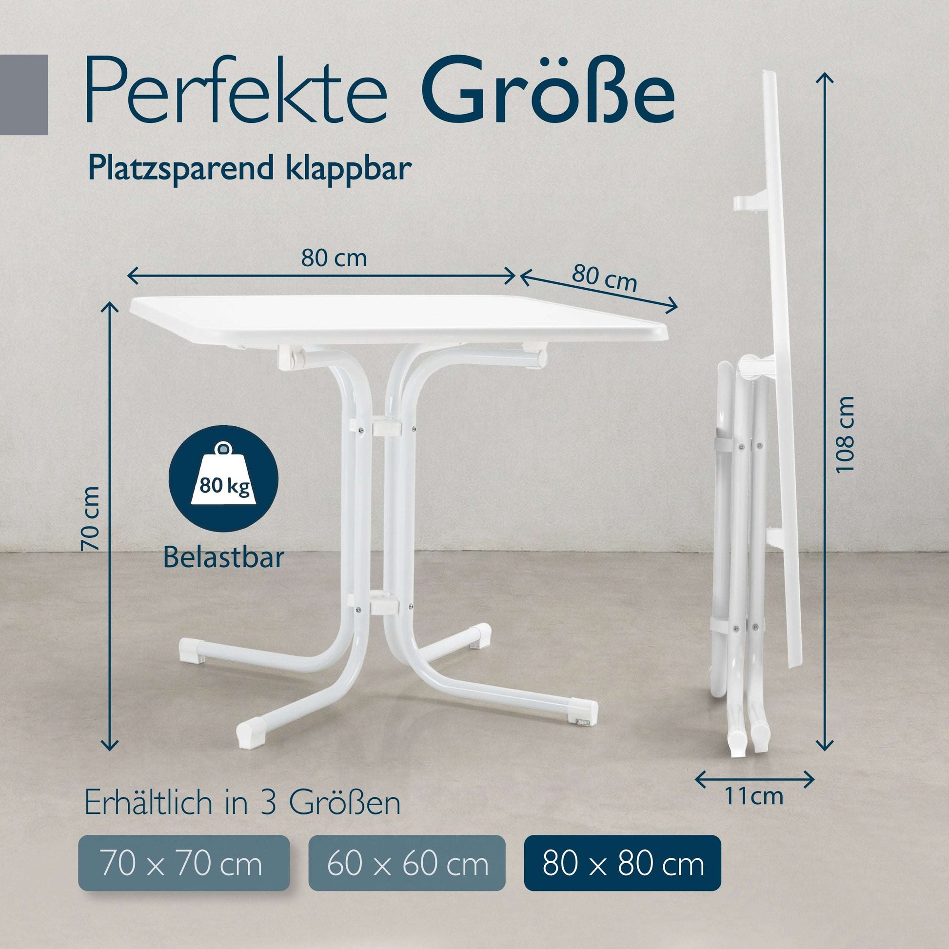 Weißer klappbarer Gartentisch Bistrotisch mit wasserfester, robuster Tischplatte und pulverbeschichtetem Stahlgestell für Balkon und Garten