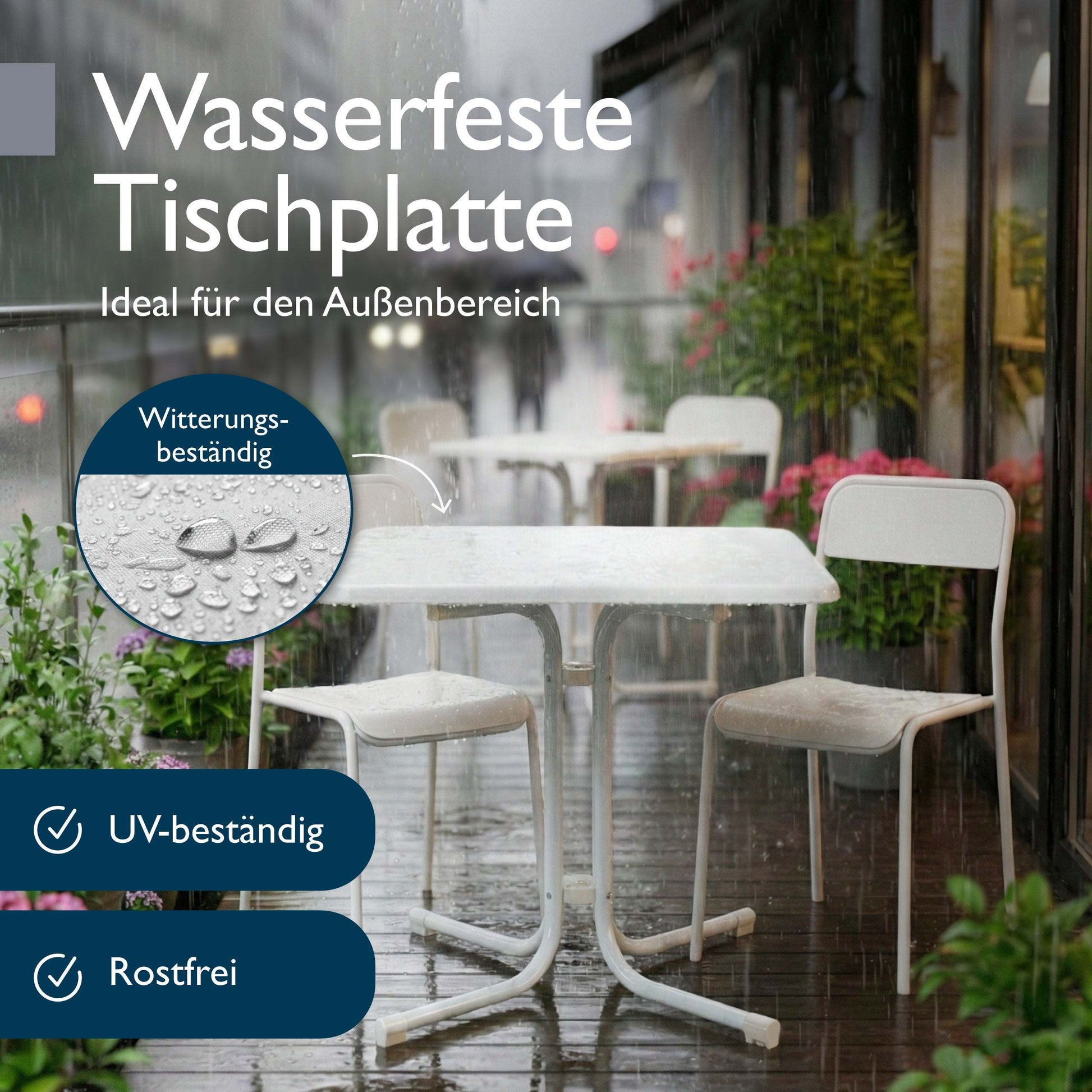 Weißer Gartentisch Bistrotisch klappbar mit wasserfester, kratzfester Tischplatte und rostfreiem Stahlgestell für Balkon und Garten