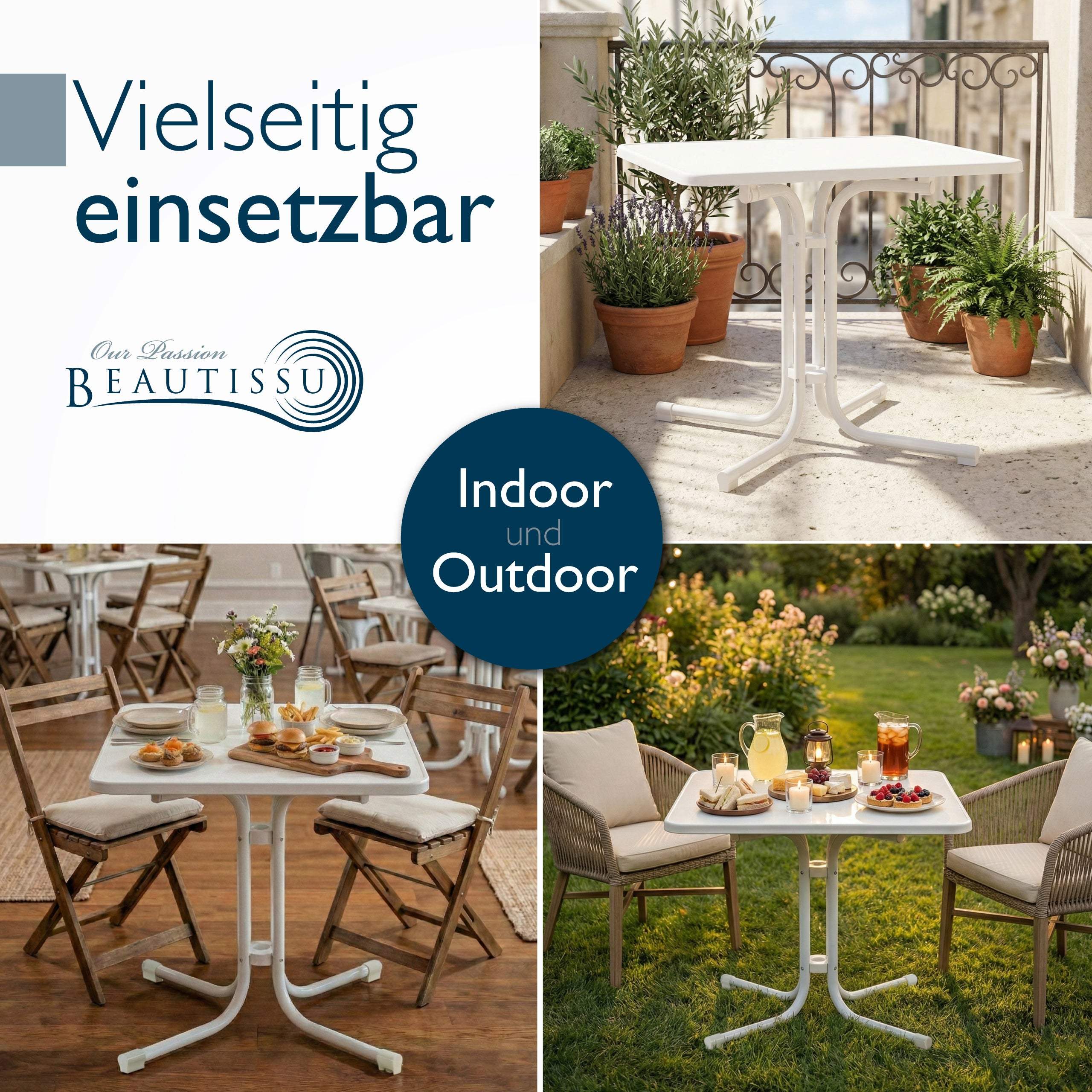 Weißer Gartentisch Bistrotisch Klapptisch mit wasserfester, robuster Tischplatte für Garten und Balkon