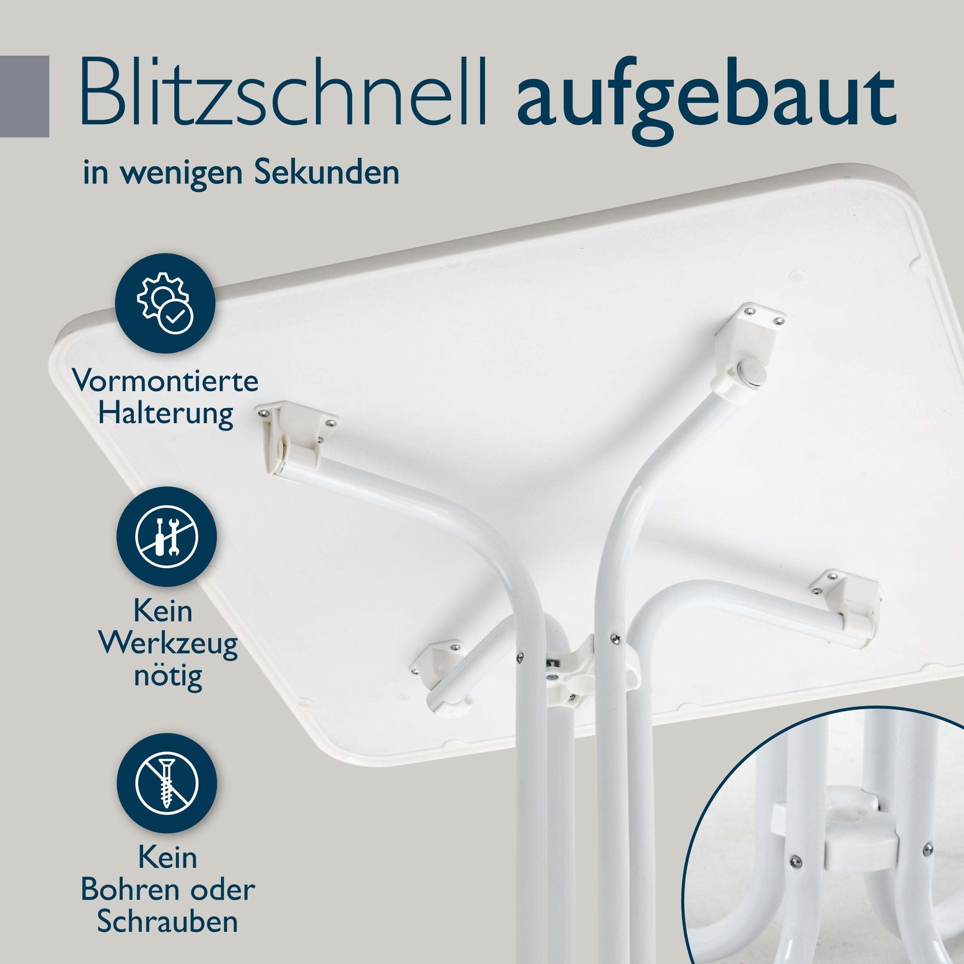 Weißer klappbarer Gartentisch Bistrotisch mit wasserfester, kratzfester Tischplatte und pulverbeschichtetem Stahlgestell für Balkon und Garten