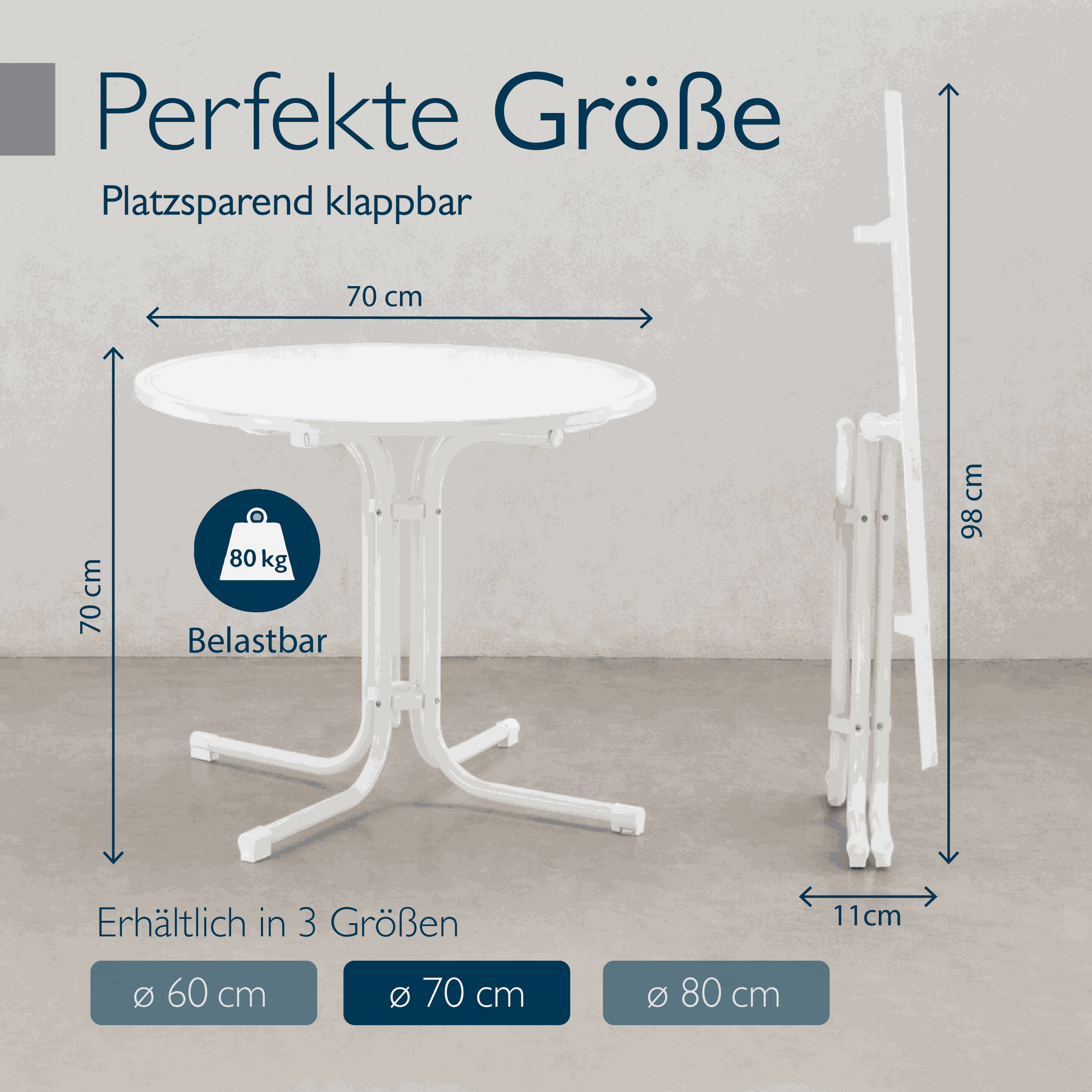 Moderner runder Gartentisch Bistrotisch mit wasserfester, klappbarer Tischplatte und stabilem pulverbeschichtetem Stahlgestell für Balkon und Garten