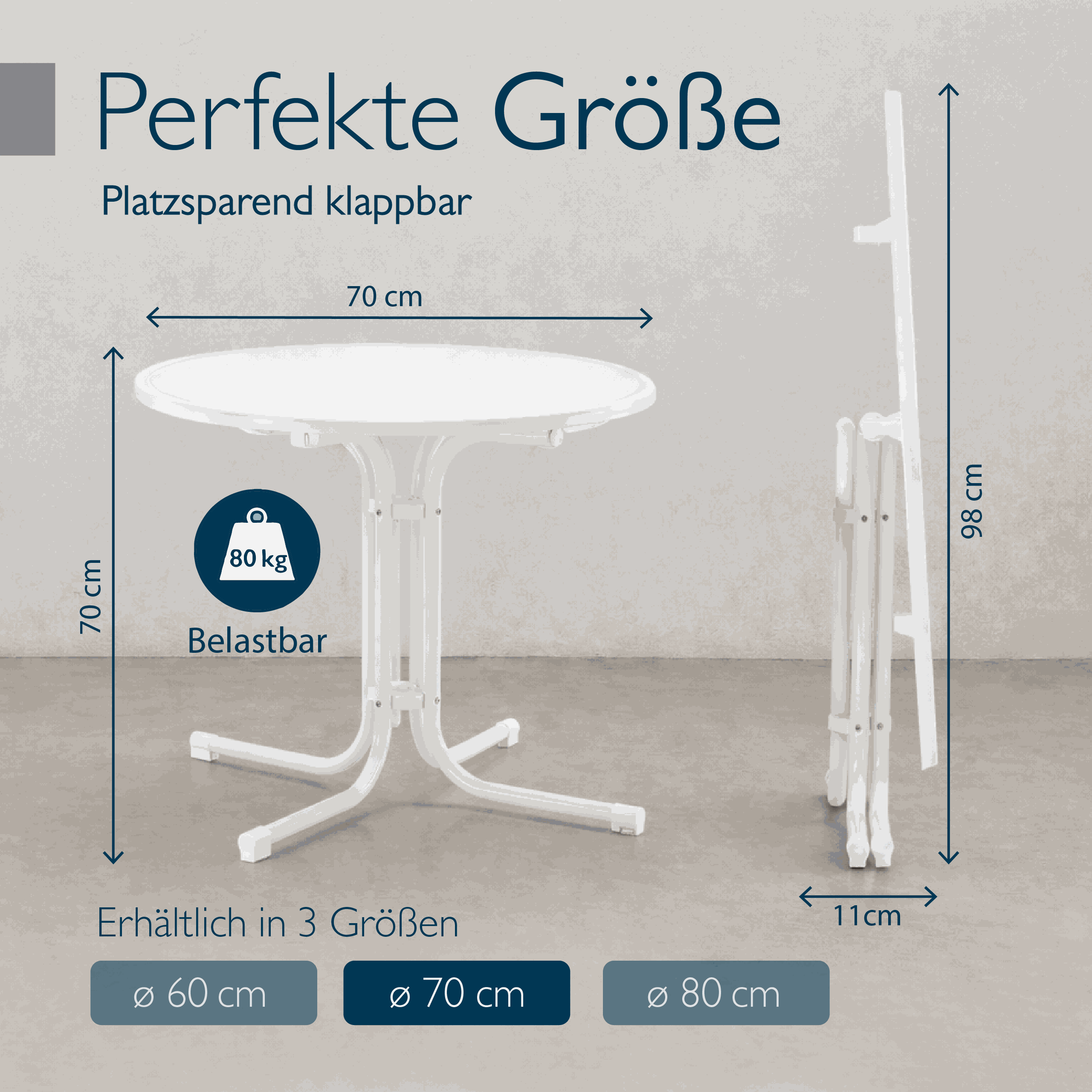 Moderner runder Gartentisch Bistrotisch mit wasserfester, klappbarer Tischplatte und stabilem pulverbeschichtetem Stahlgestell für Balkon und Garten