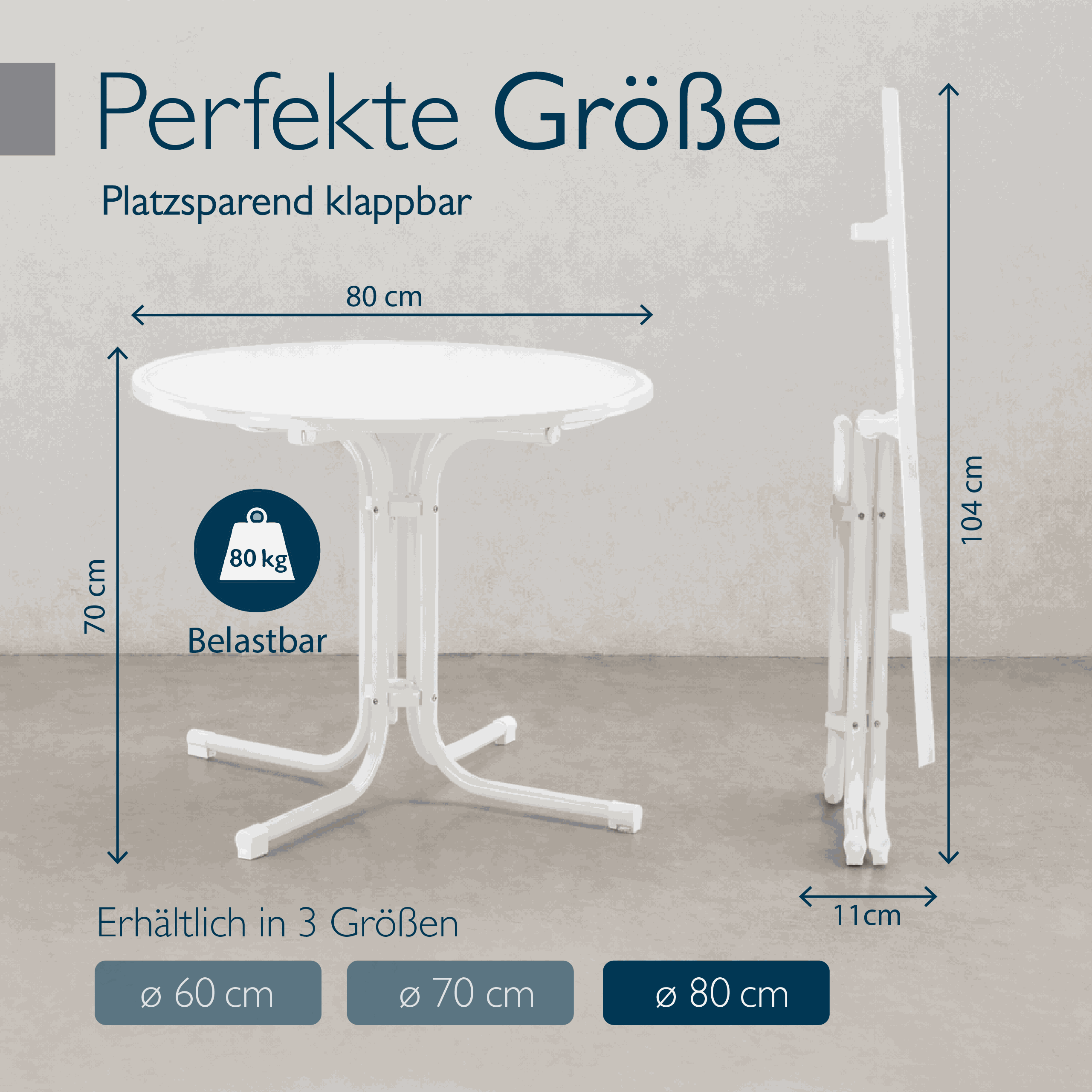 Runder Gartentisch Bistrotisch mit wasserfester, klappbarer Tischplatte und pulverbeschichtetem Stahlgestell für Balkon und Garten