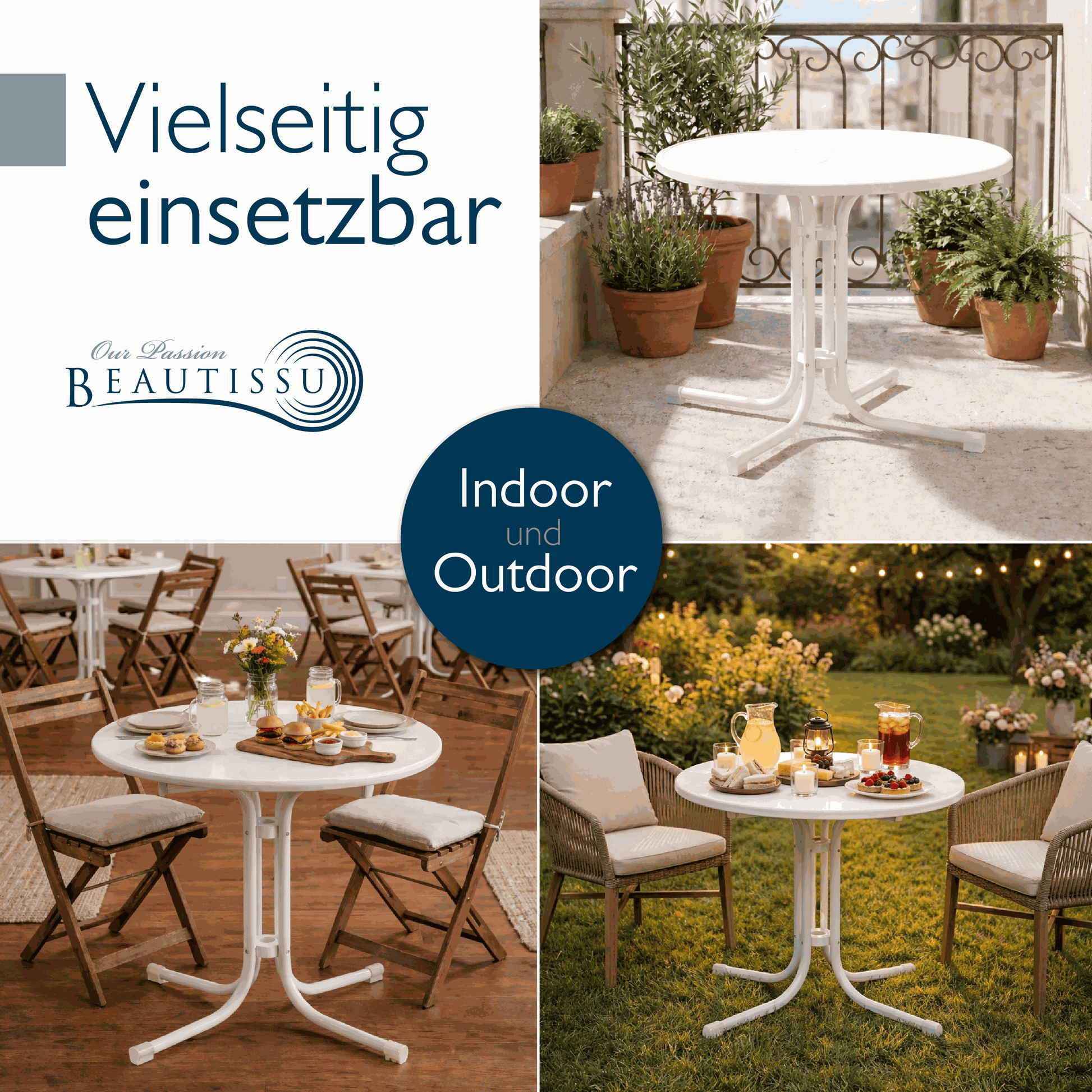 Runder Gartentisch Bistrotisch mit wasserfester, UV-beständiger Tischplatte und klappbarem Stahlgestell für Balkon und Garten