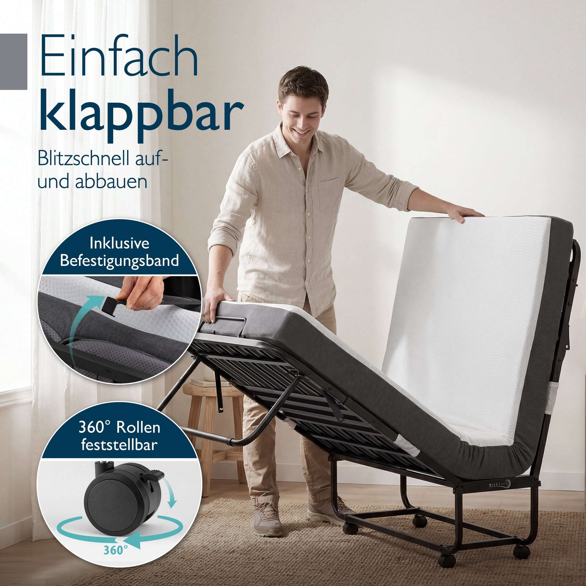 Gästebett 90x200 cm klappbar mit Memoryschaum-Matratze und stabilem Metallrahmen in Schwarz