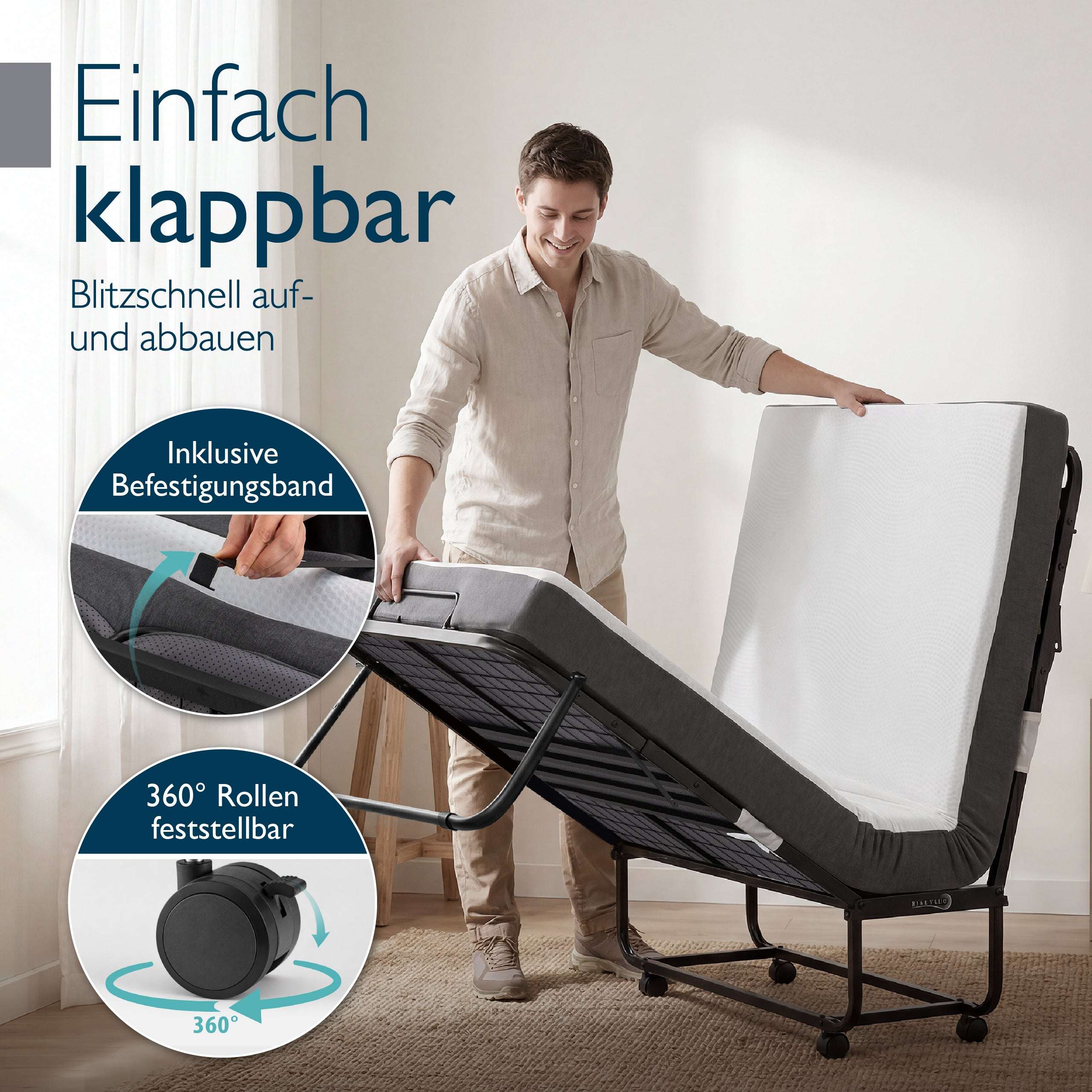 Gästebett 90x200 cm mit Memoryschaum-Matratze und klappbarem Metallrahmen in Schwarz