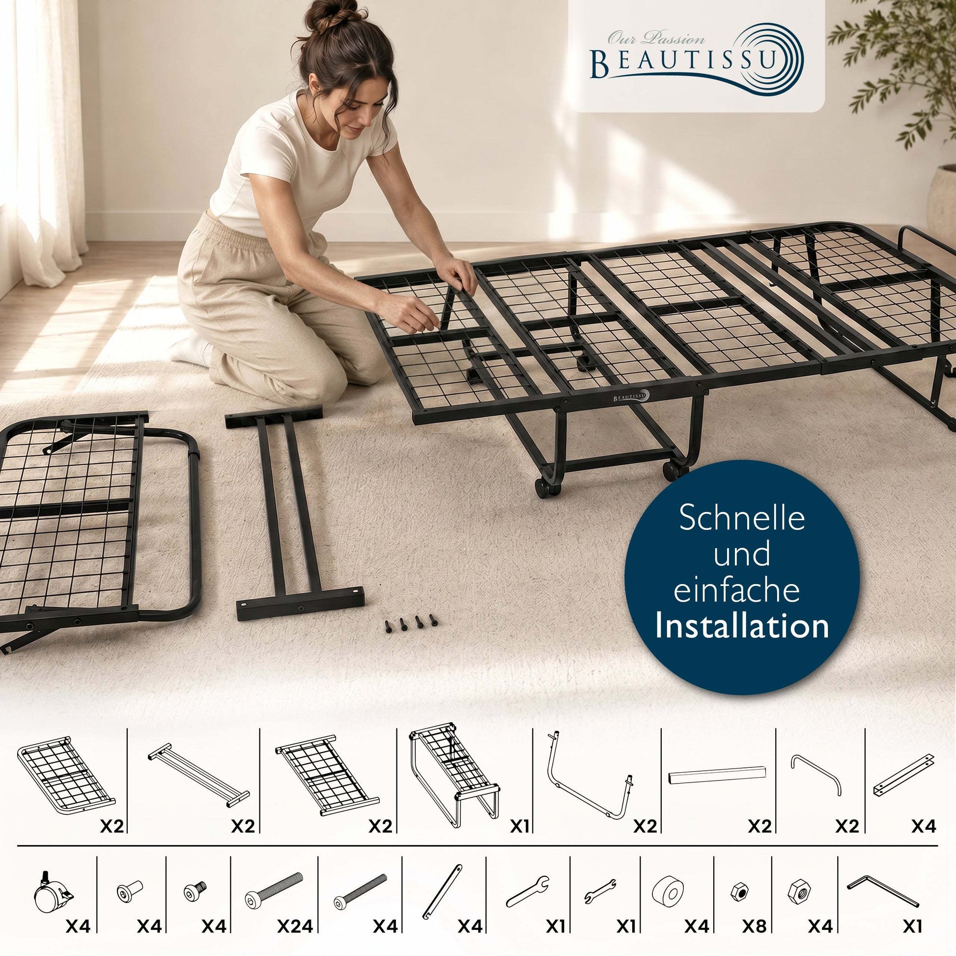 Klappbares Gästebett 90x200 cm mit Memoryschaummatratze und stabiler Metallrahmen in schwarzer Draht-Ausführung