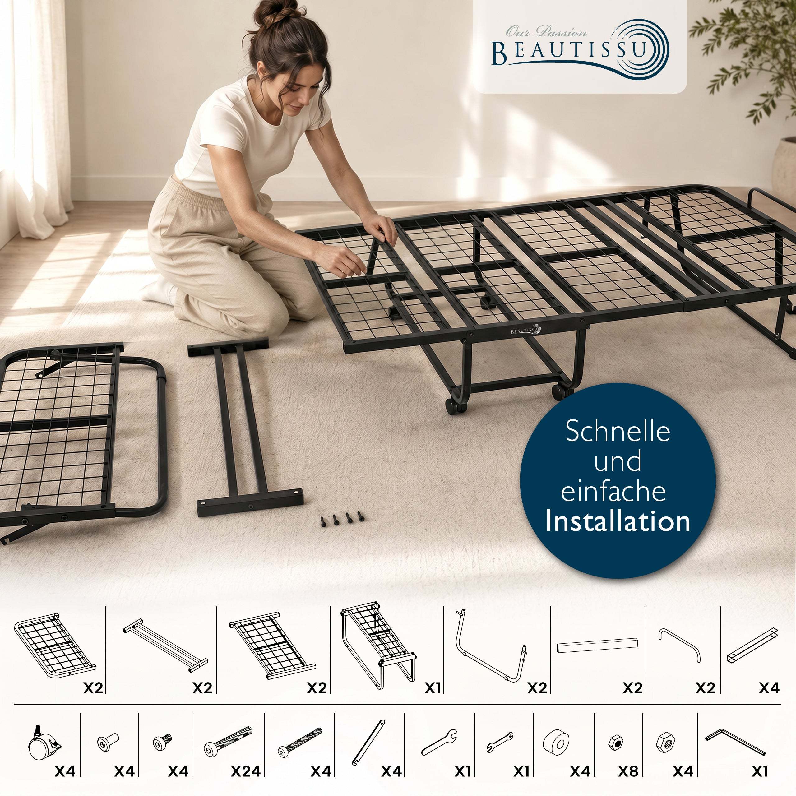 Klappbares Gästebett 90x200 cm mit Memoryschaummatratze und stabiler Metallrahmen in schwarzer Draht-Ausführung