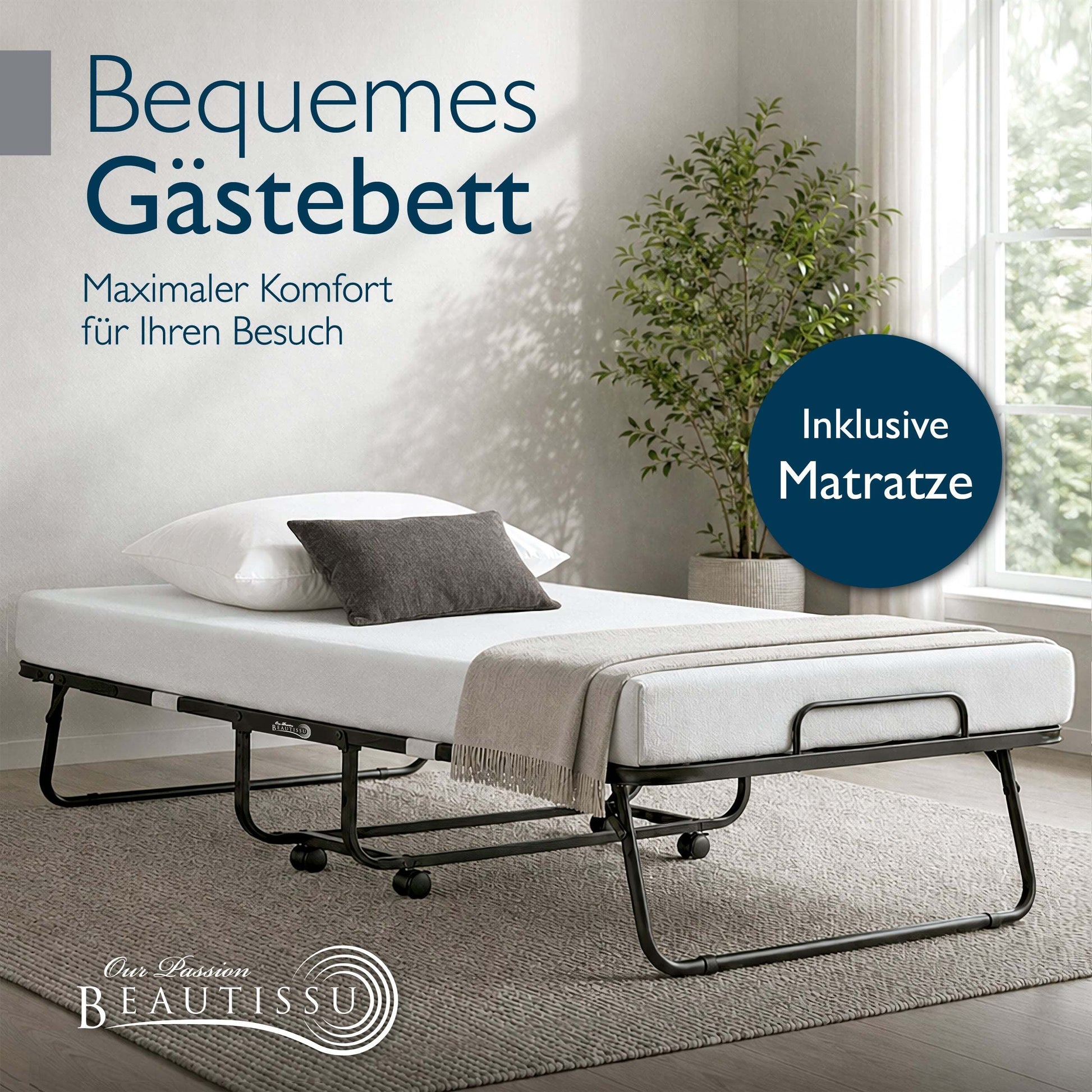 Komfortables Gästebett 90x200 cm mit klappbarem Metallrahmen und Memoryschaum-Matratze