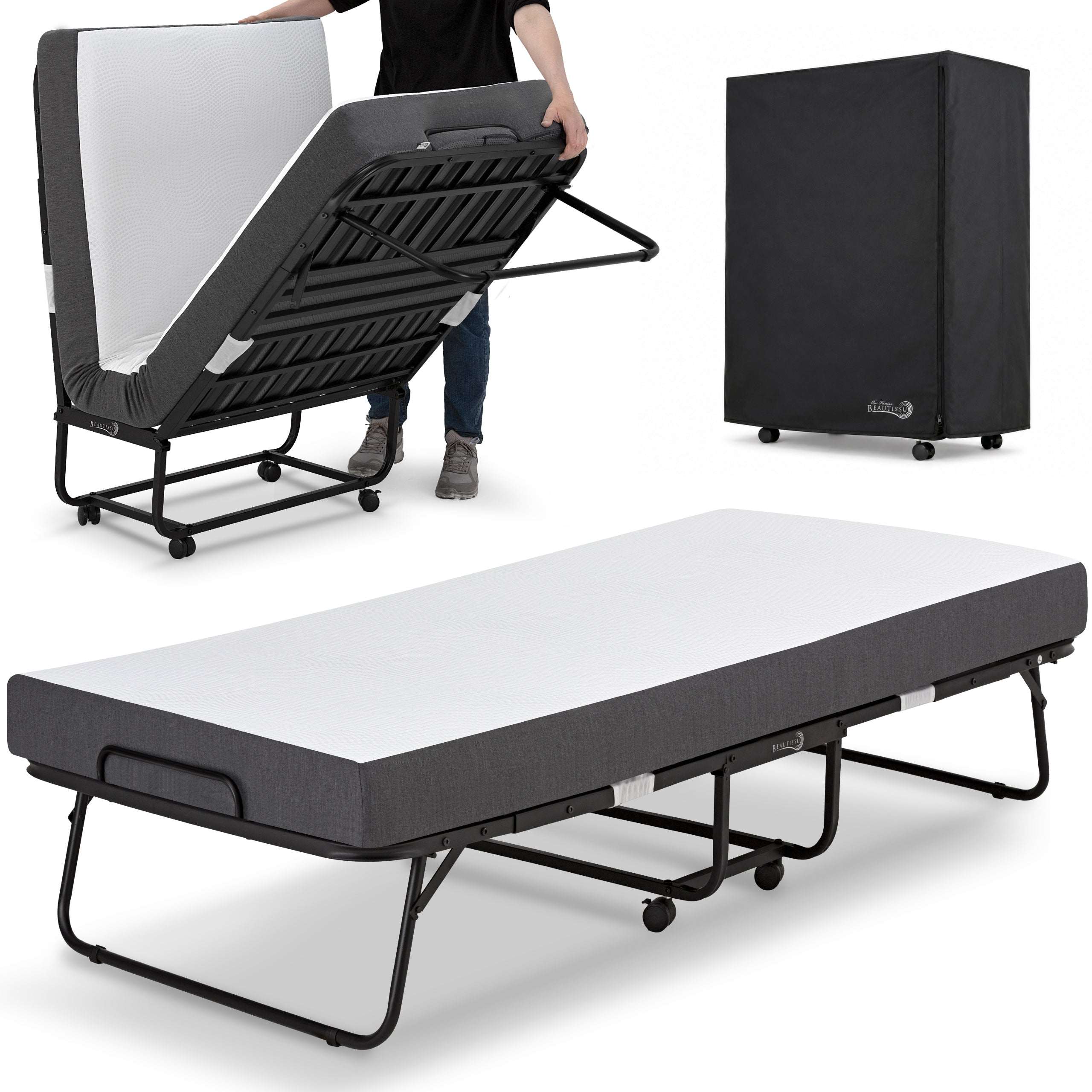 Kompaktes Gästebett 90x200 mit stabilem Metallrahmen und Memoryschaum-Matratze