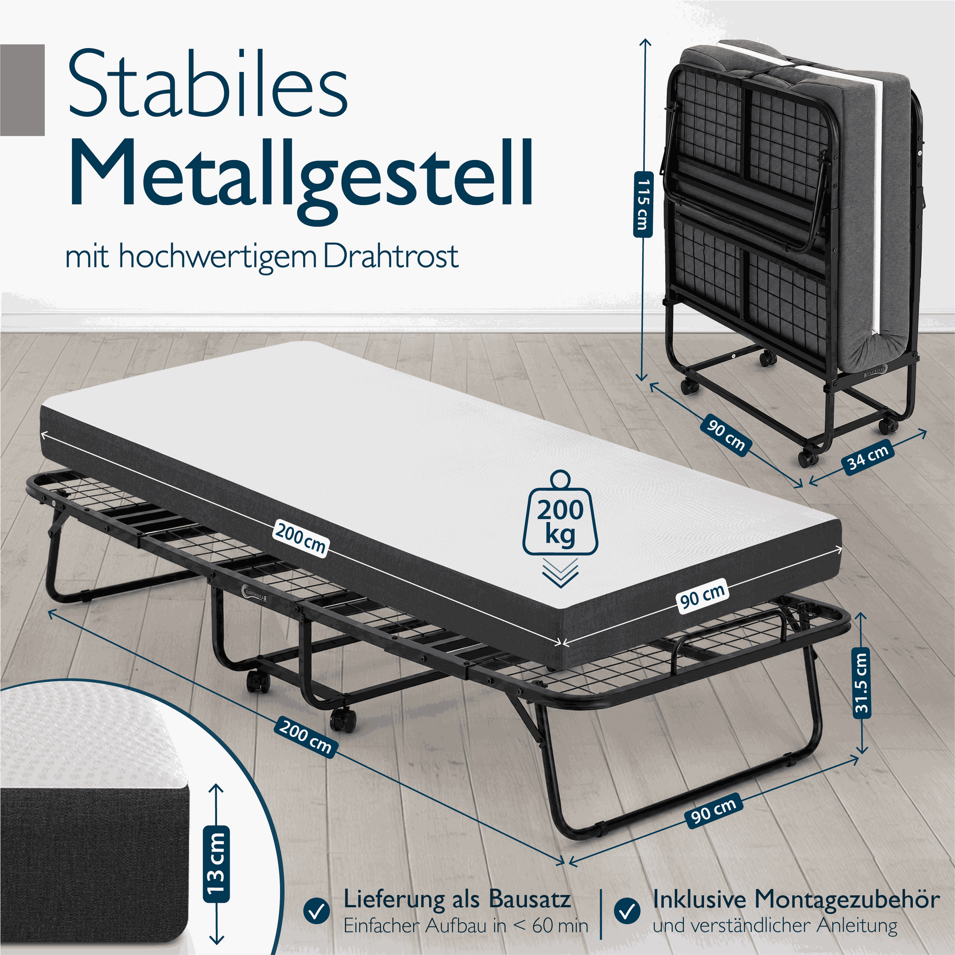 Klappbares Gästebett 90x200 cm mit Memoryschaum-Matratze und stabiler Metallrahmen in schwarzer Draht-Ausführung