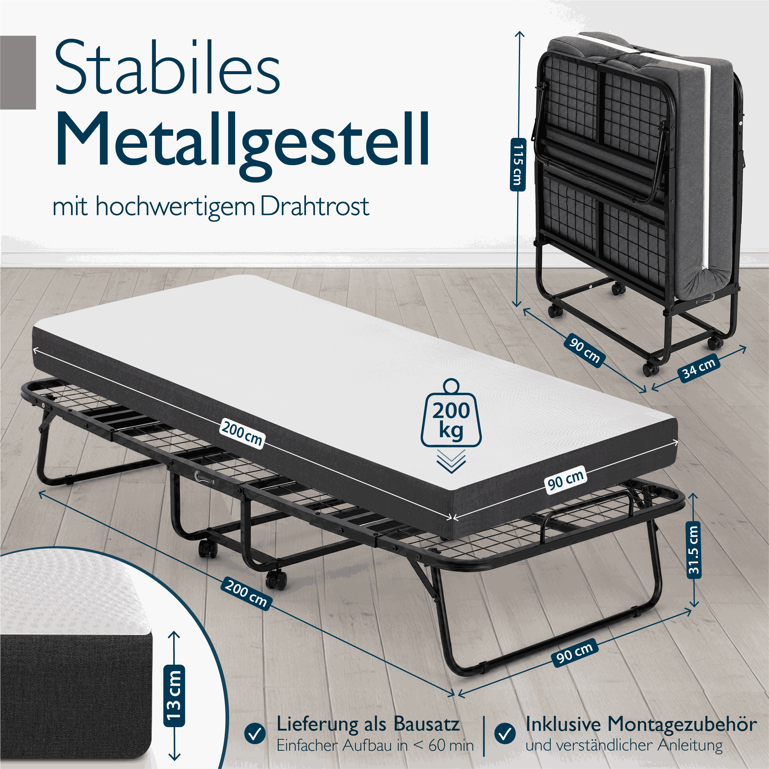 Klappbares Gästebett 90x200 cm mit Memoryschaum-Matratze und stabiler Metallrahmen in schwarzer Draht-Ausführung