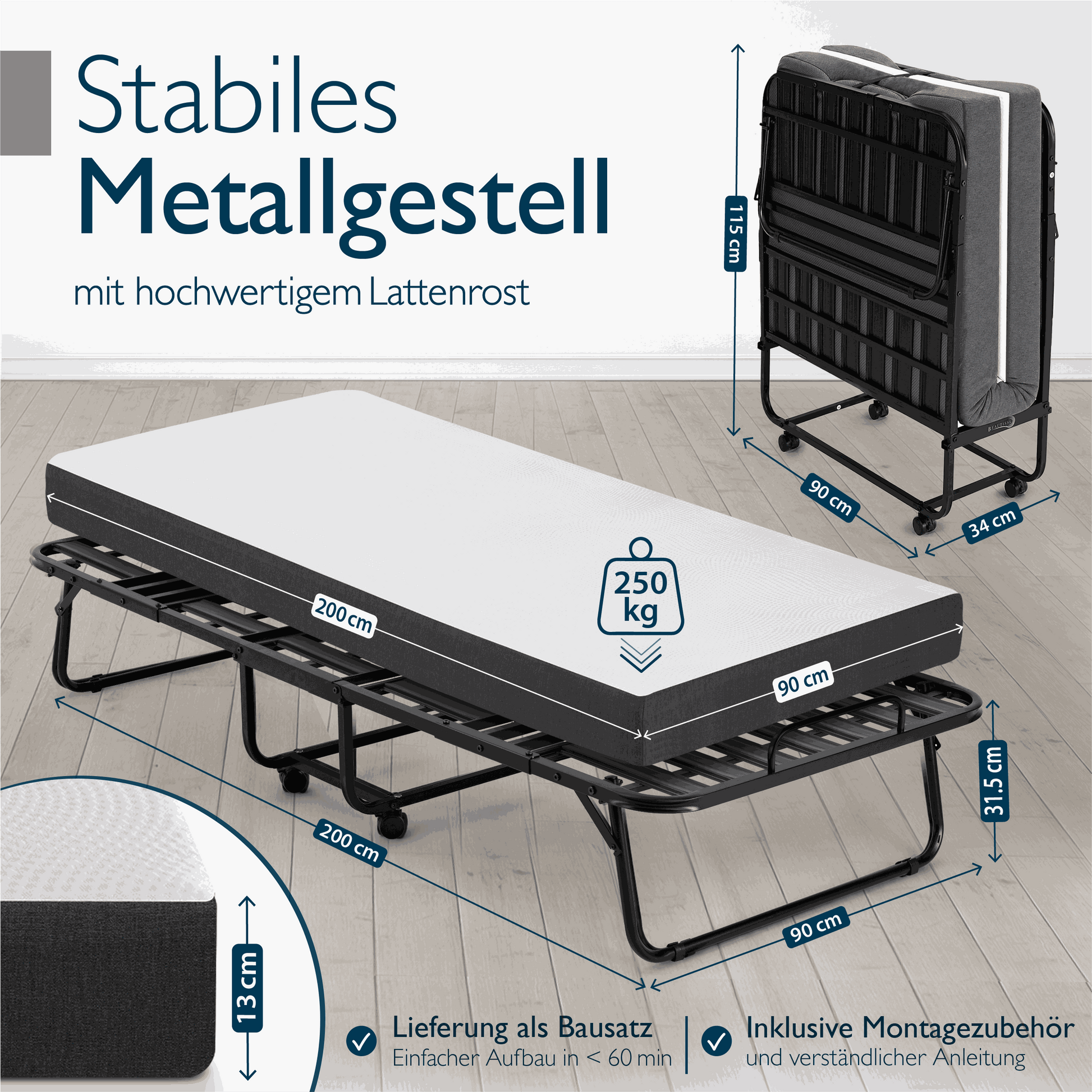 Klappbares Gästebett 90x200 cm mit Memoryschaum-Matratze und stabilem Metallrahmen
