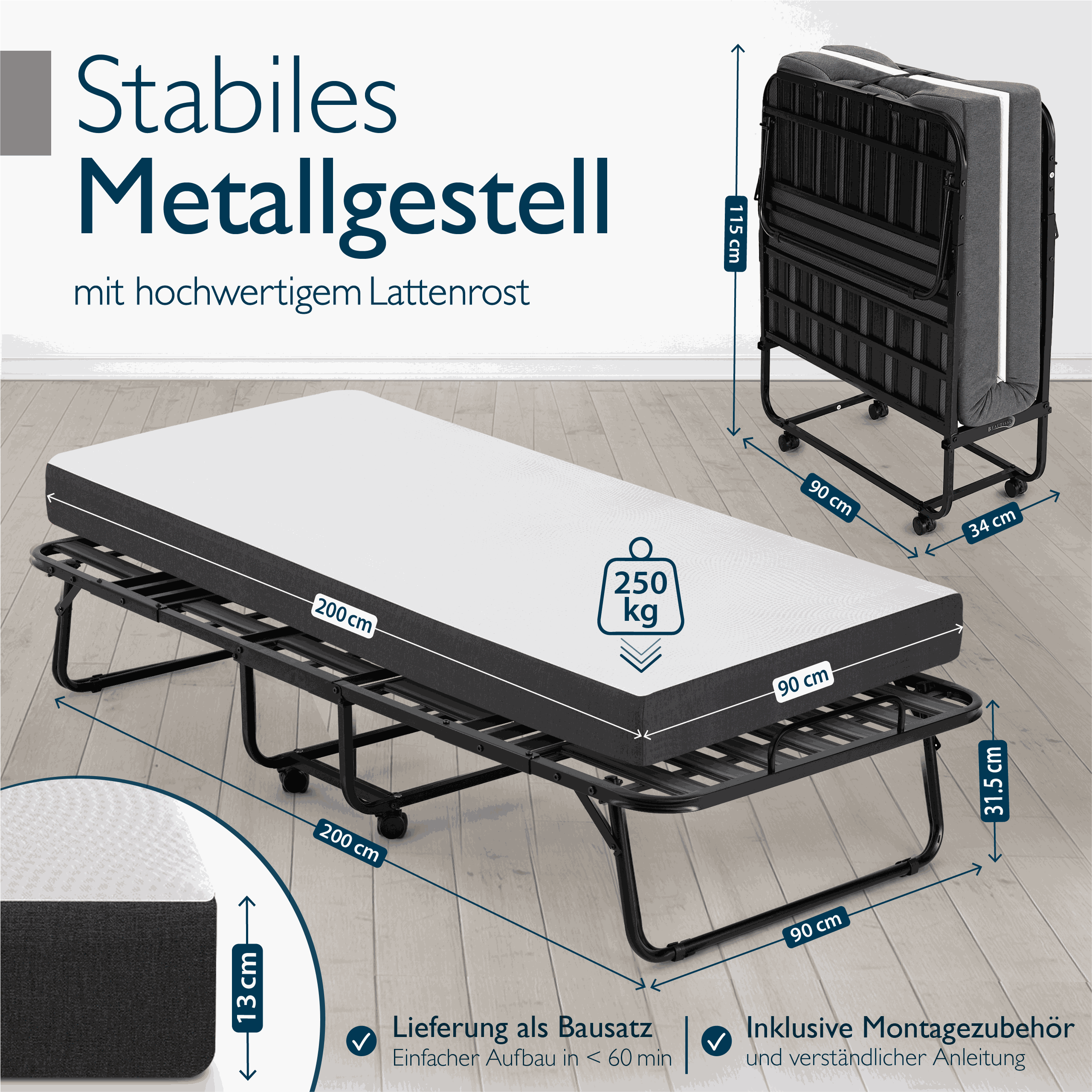 Klappbares Gästebett 90x200 cm mit Memoryschaum-Matratze und stabilem Metallrahmen