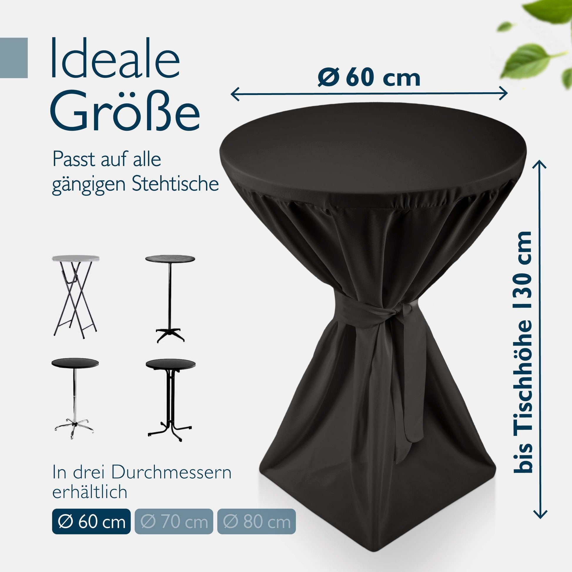Black foldable standing table Bellini with premium fitted cover, weather-resistant, ideal for events and weddings, fits tables up to 130 cm high and 60 cm diameter.