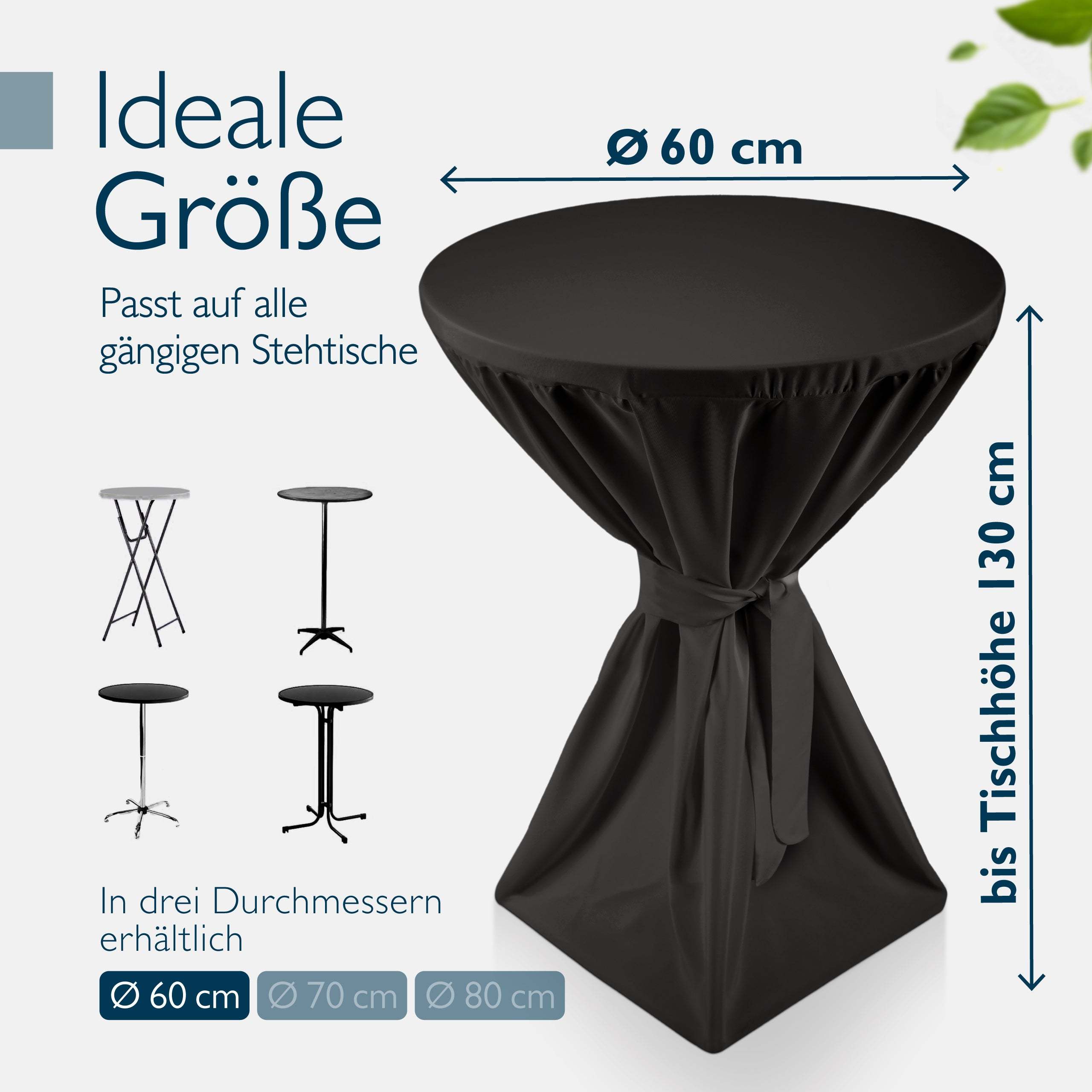 Black foldable standing table Bellini with premium fitted cover, weather-resistant, ideal for events and weddings, fits tables up to 130 cm high and 60 cm diameter.
