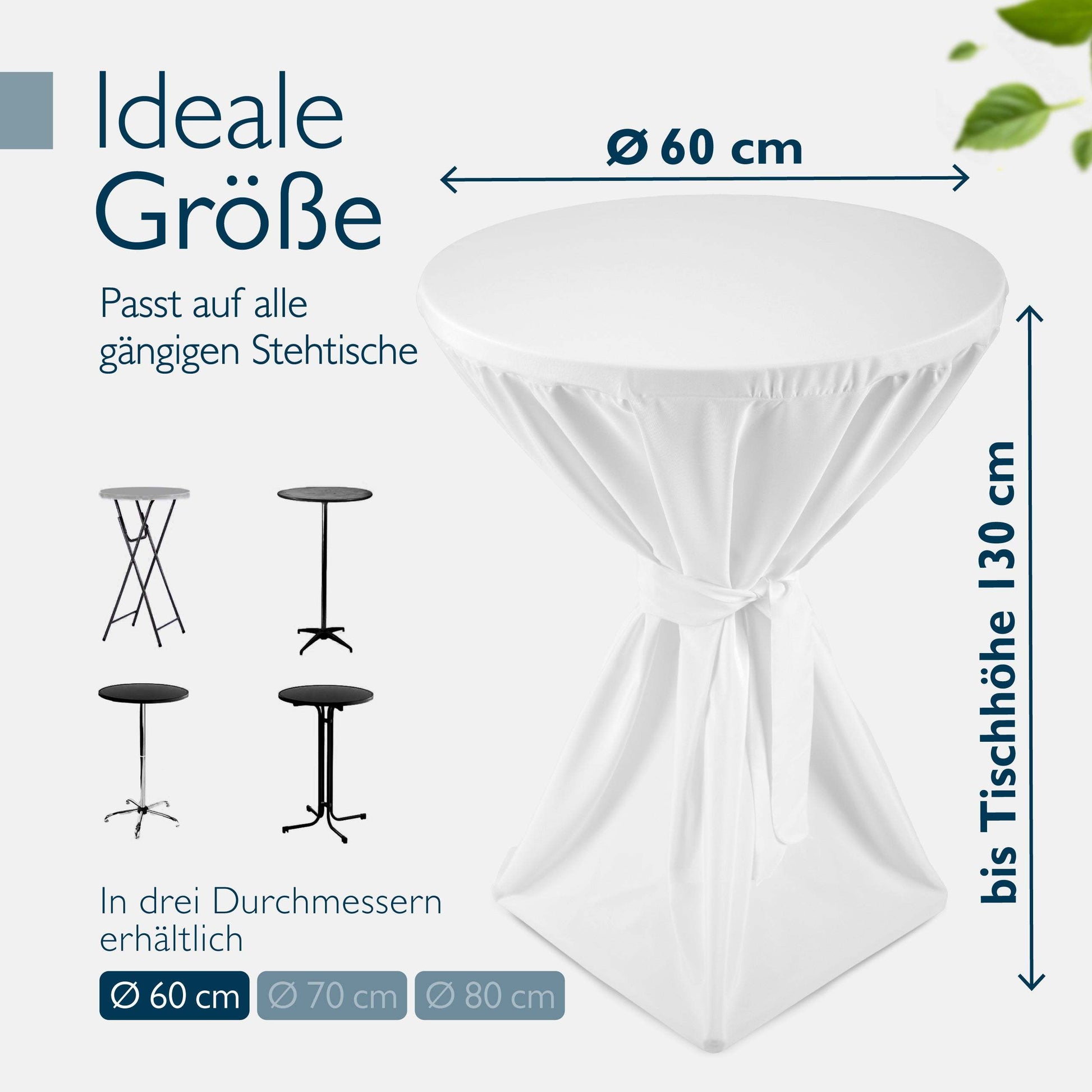 White fitted cover for round standing tables up to 130 cm high and 60 cm diameter, fits various black standing tables