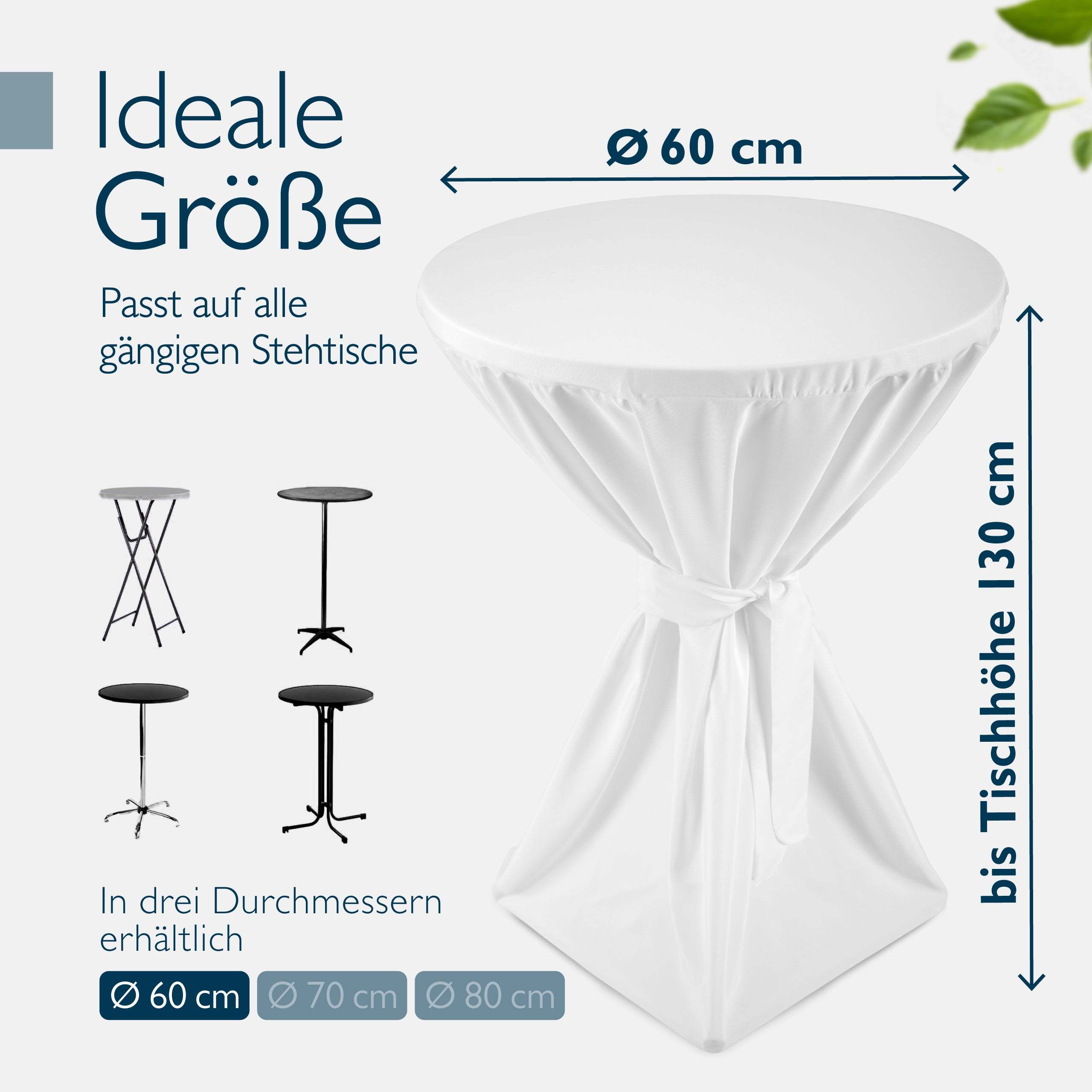 White fitted cover for round standing tables up to 130 cm high and 60 cm diameter, fits various black standing tables