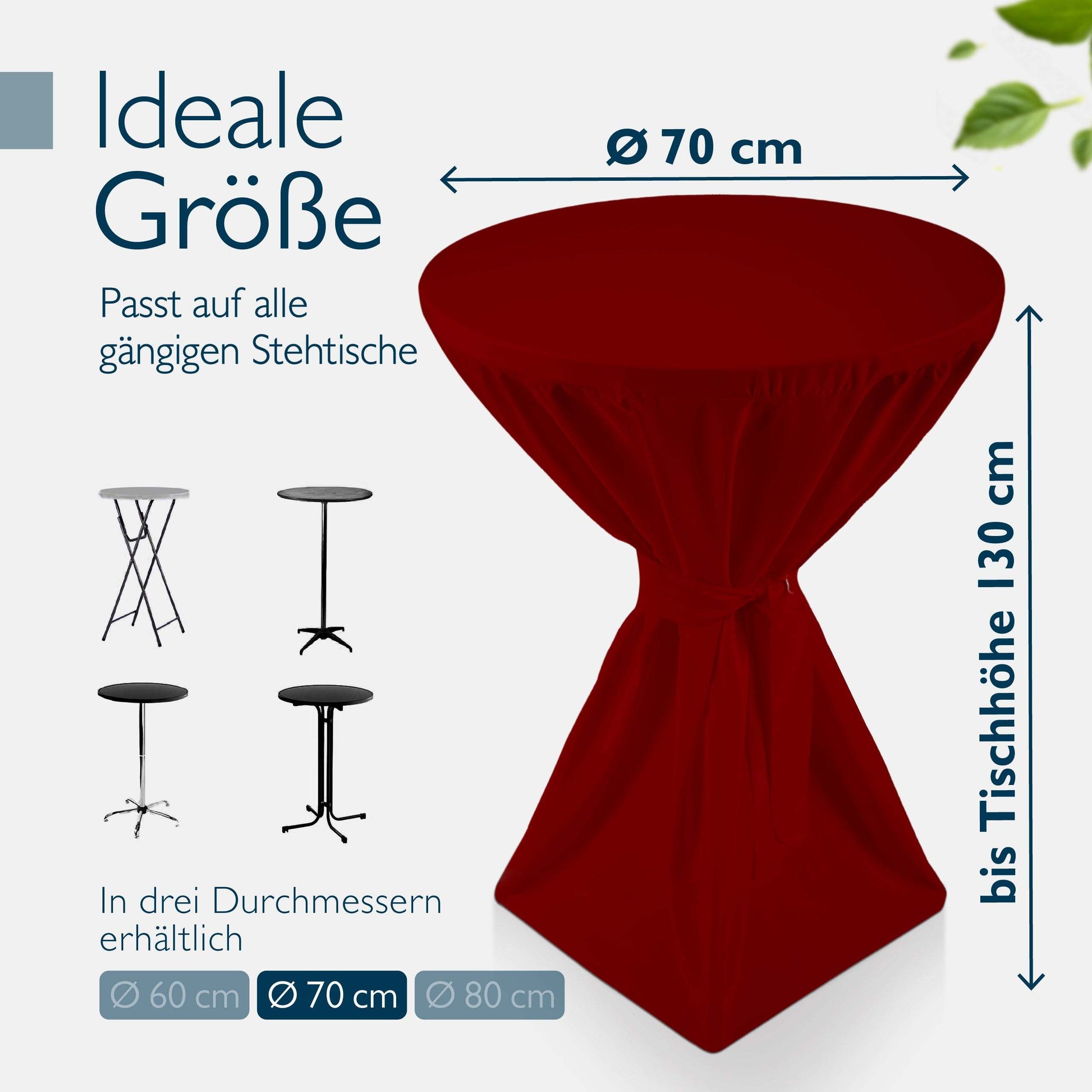 Black foldable standing table Bellini with premium red tablecloth, 70 cm diameter, up to 130 cm height, suitable for events and outdoor use