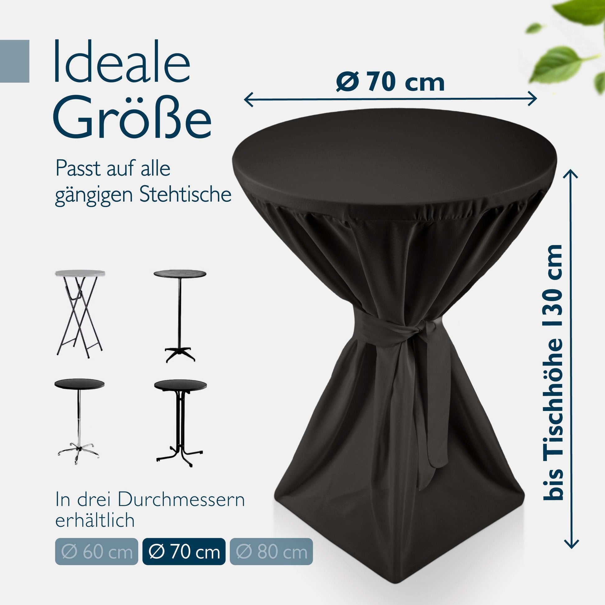 Black foldable standing table with fitted stretch cover, 70 cm diameter, elegant event design
