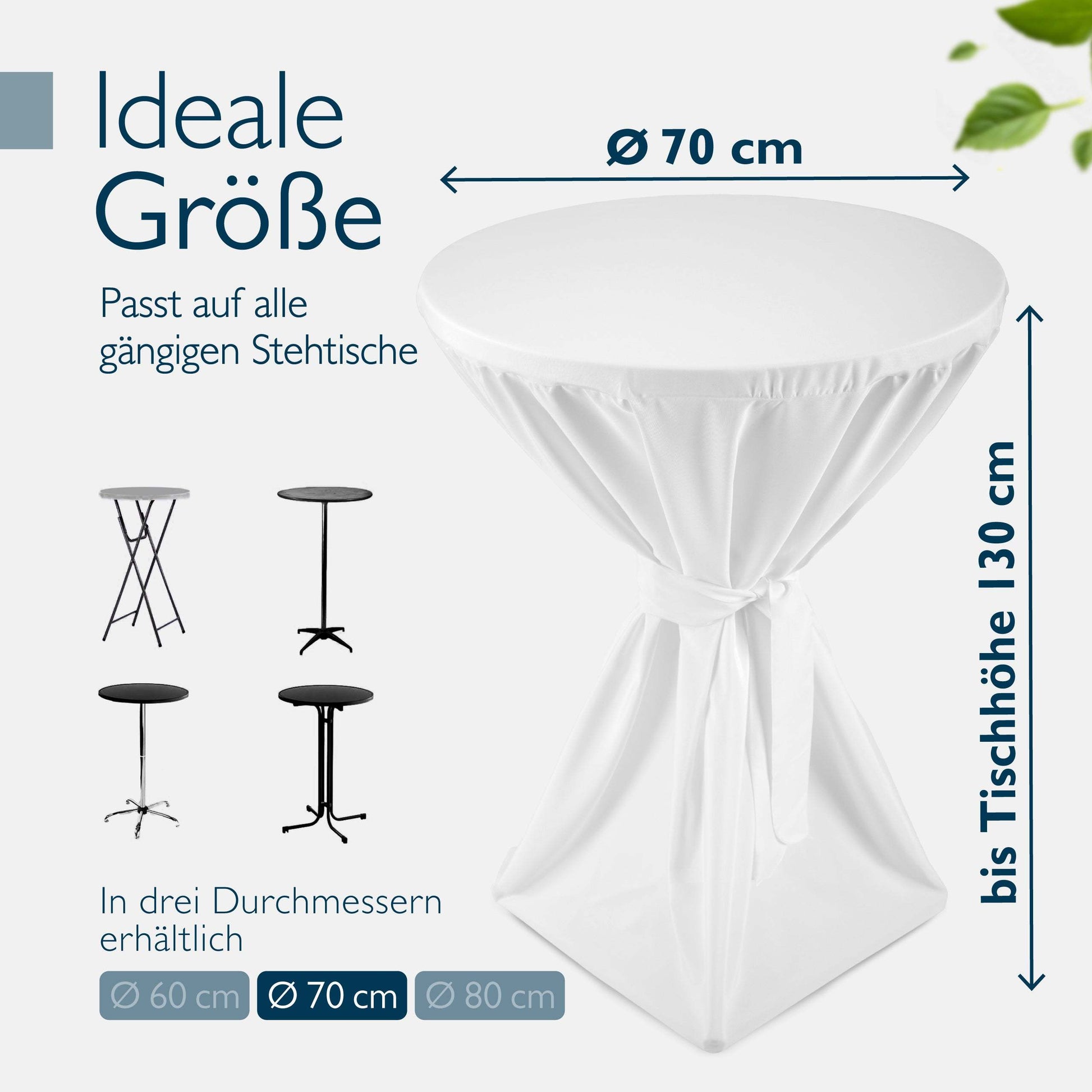 White fitted table cover for black standing table 70 cm diameter with adjustable height up to 130 cm, suitable for events and parties