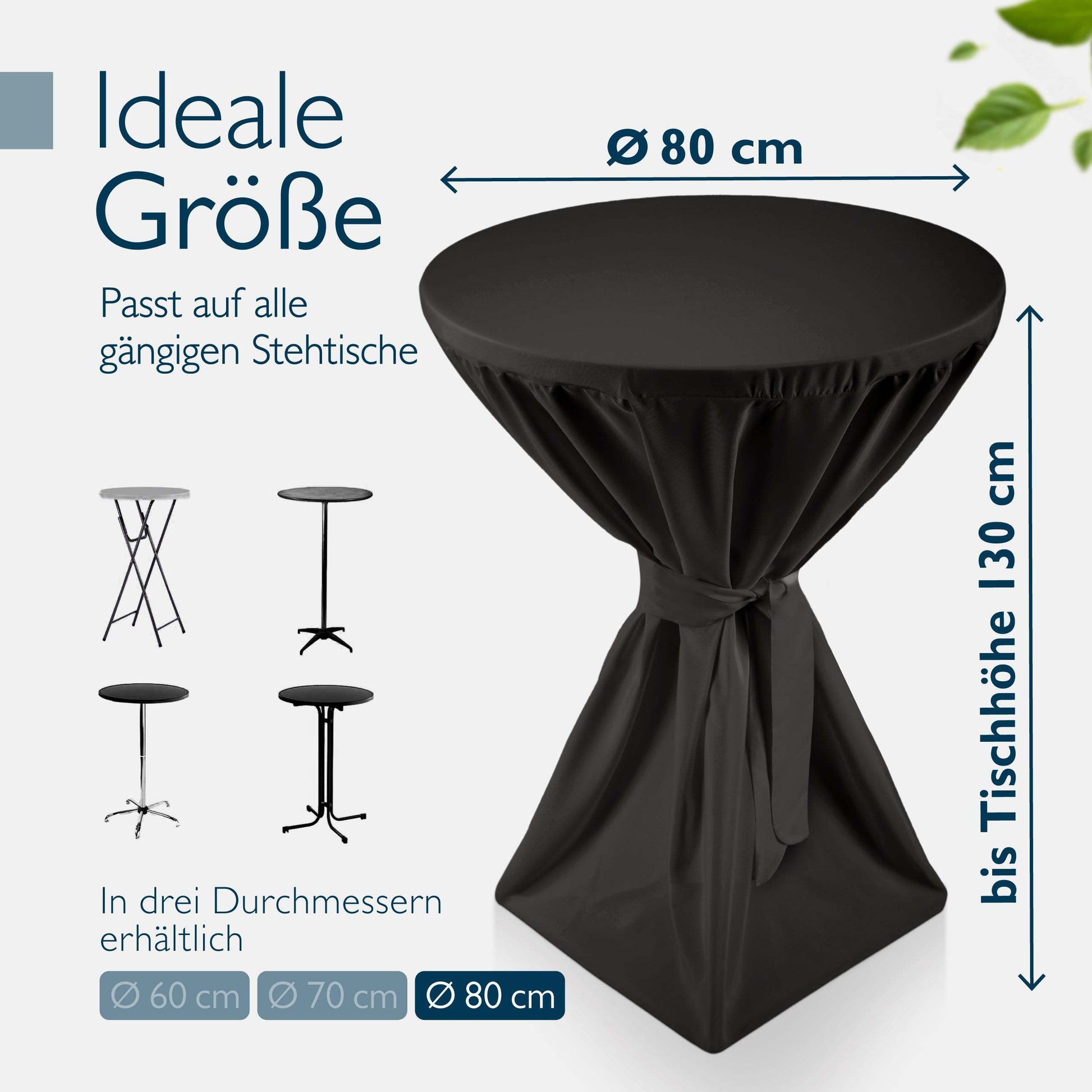 Black foldable standing table with fitted black tablecloth, 80 cm diameter, adjustable height up to 130 cm, suitable for events and parties.