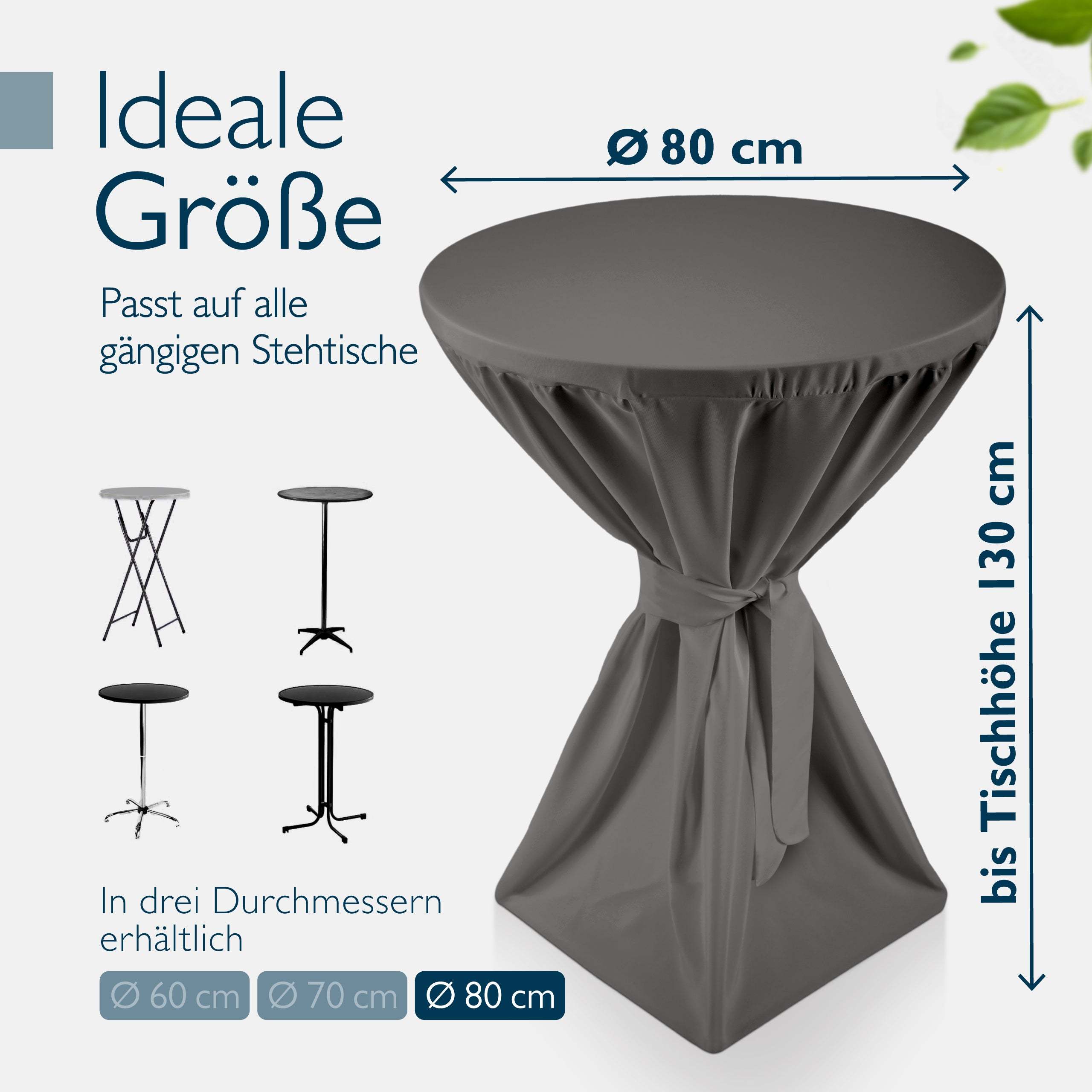 Black folding standing table with fitted cover, 80 cm diameter, up to 130 cm height, elegant and weather-resistant for events