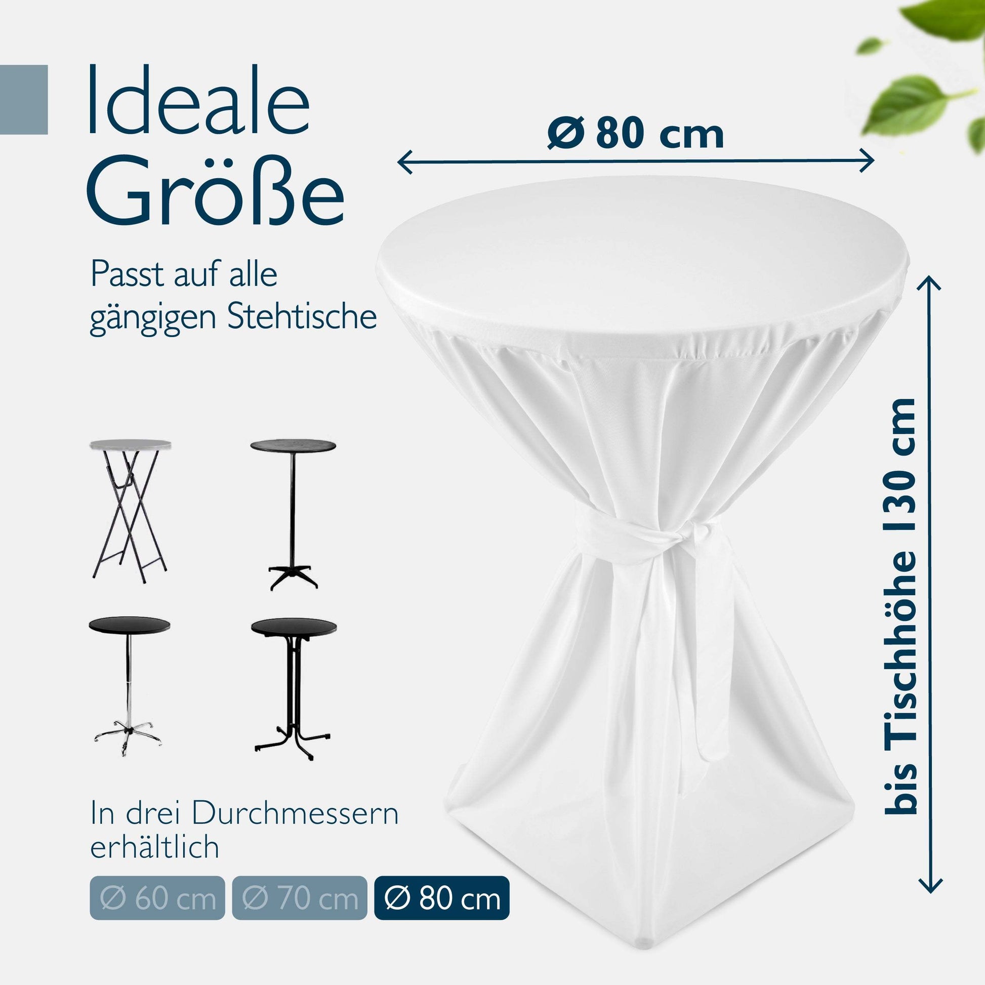 White standing table cover for round tables, fits diameters 60/70/80 cm, up to 130 cm height, ideal for black standing tables
